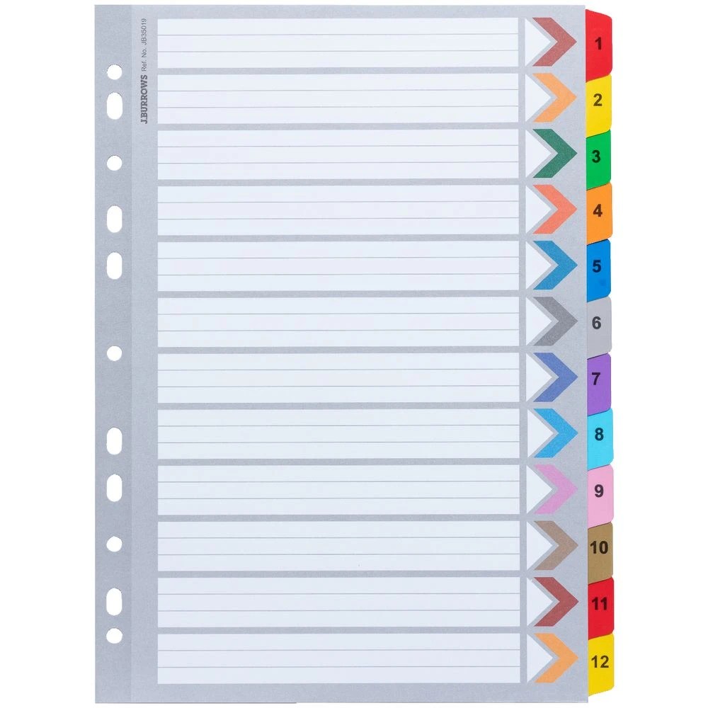 2 J.Burrows A4 Tab Dividers Paper Coloured 1-12 Tabs, 2 of 3