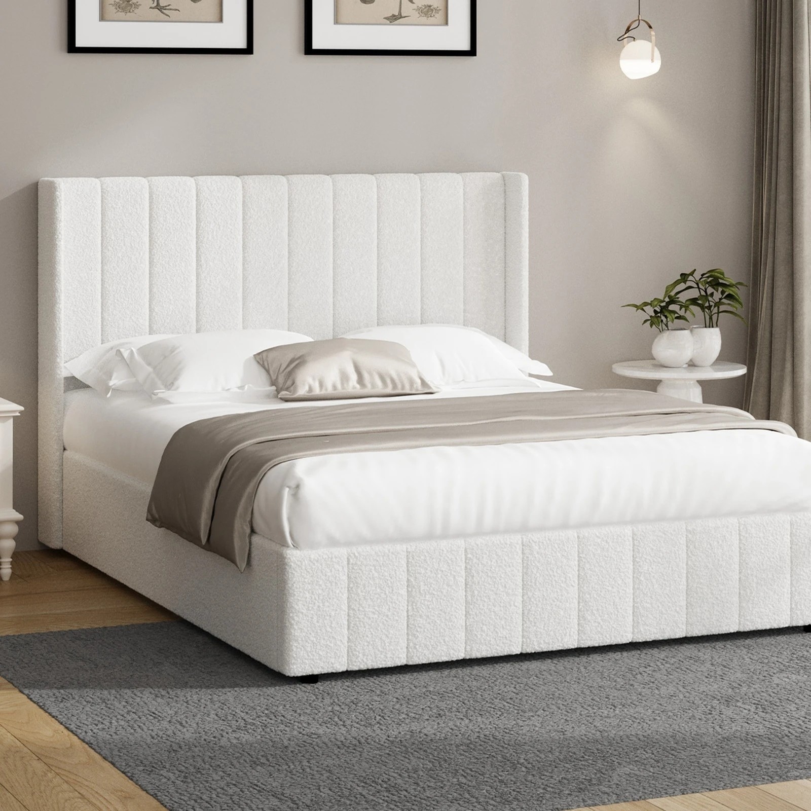 1 Oikiture Double Bed Frame Gas Lift Base With Storage Boucle Fabric
 - White, 1 of 5