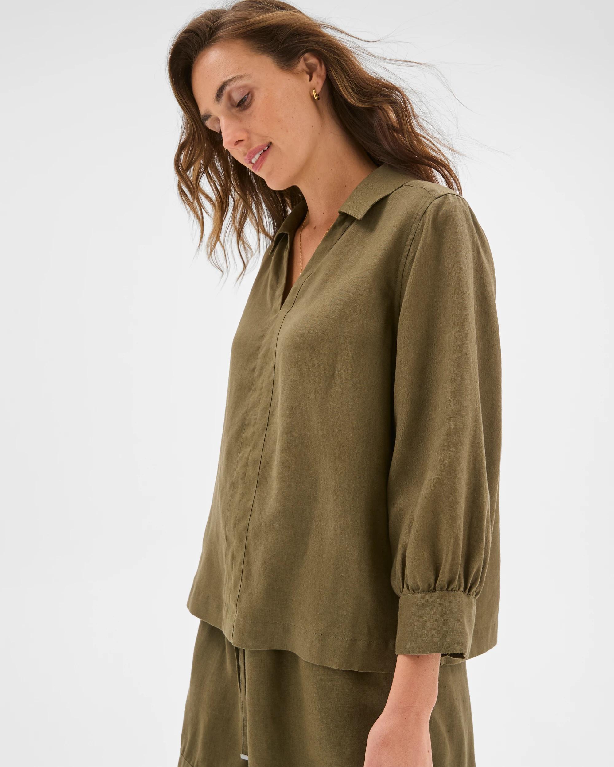 3 Target Woman European Linen Long Sleeve Popover Top DUSTY MOSS, 3 of 5