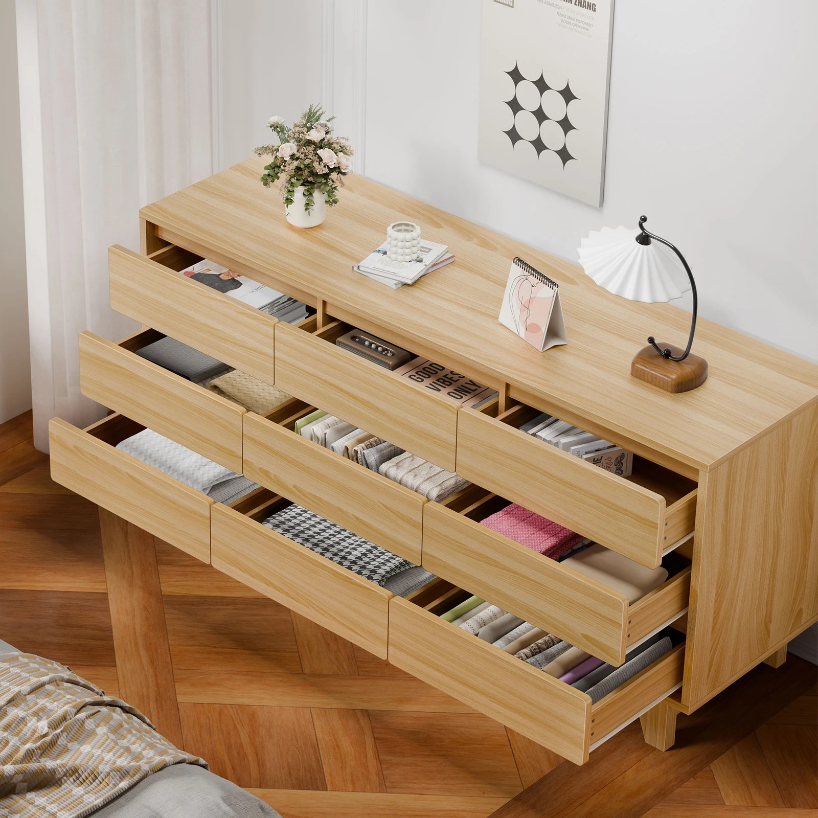 2 Alfordson 9 Chest of Drawers Minimalist Storage Cabinet Dresser - Oak, 2 of 10