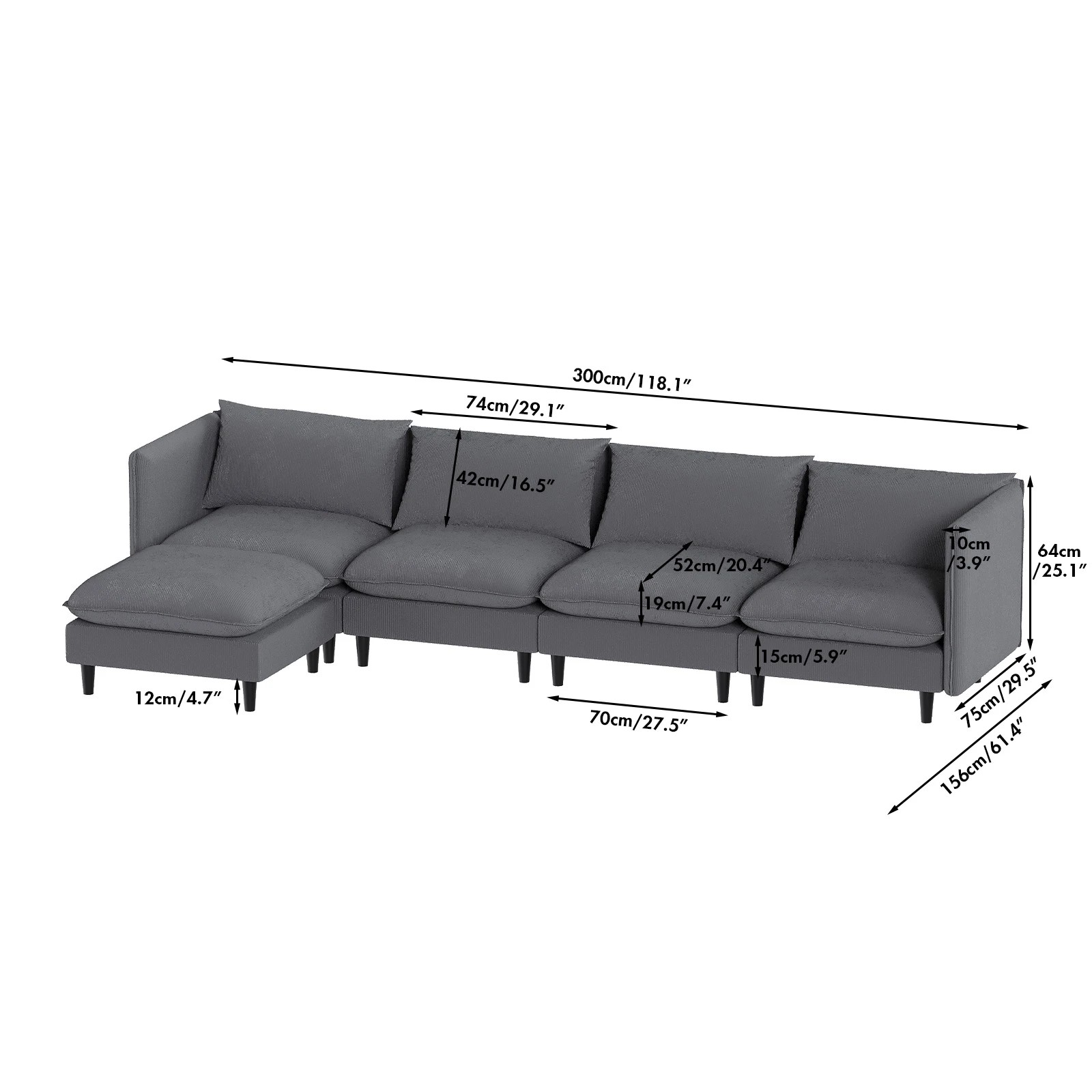5 Advwin 300cm 4 Seater Sofa with Ottoman Corduroy Sectional Couch Adjustable Backrest & Armrest Grey, 5 of 5
