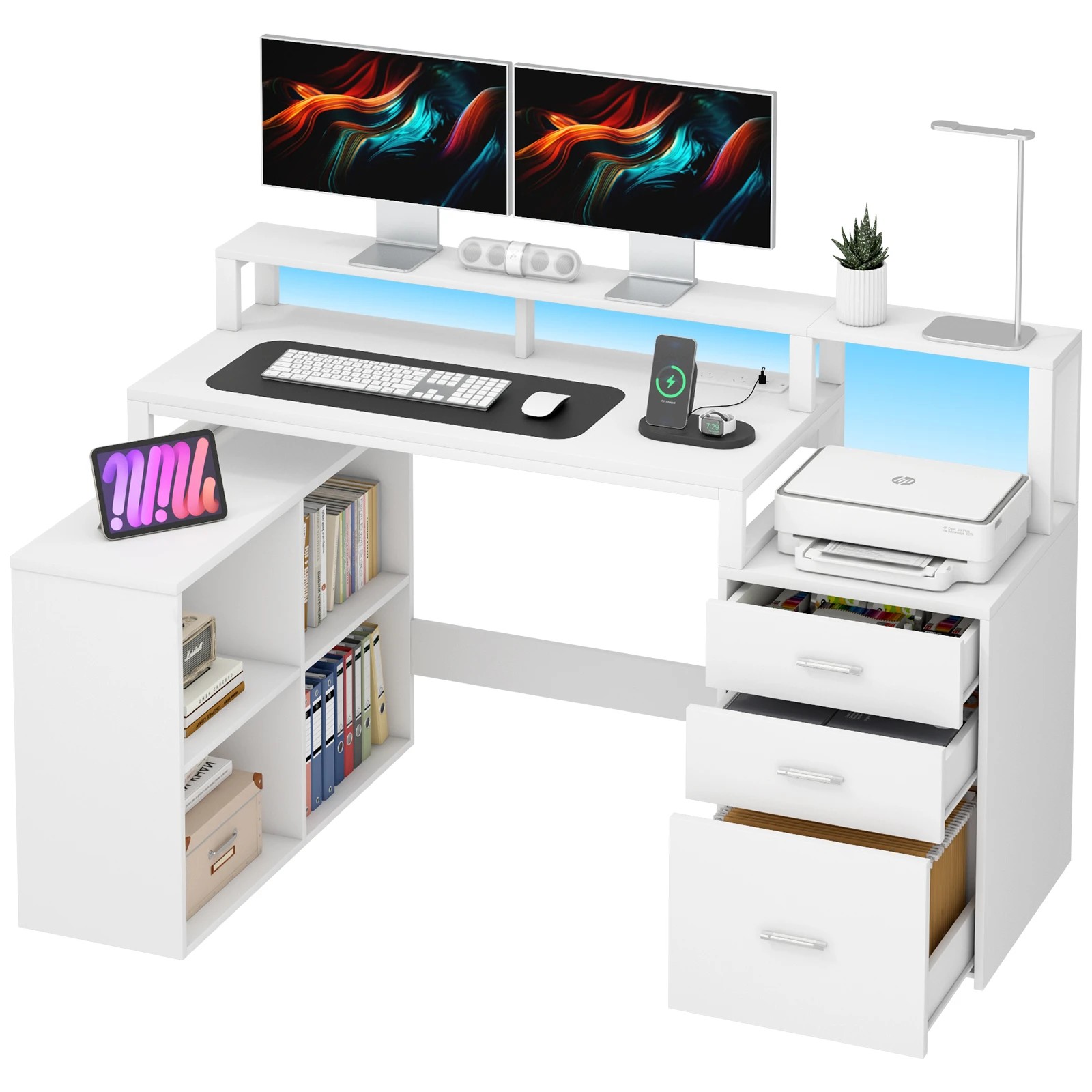 1 Advwin L Shaped Computer Desk with LED Lights & Power Outlets - White, 1 of 10