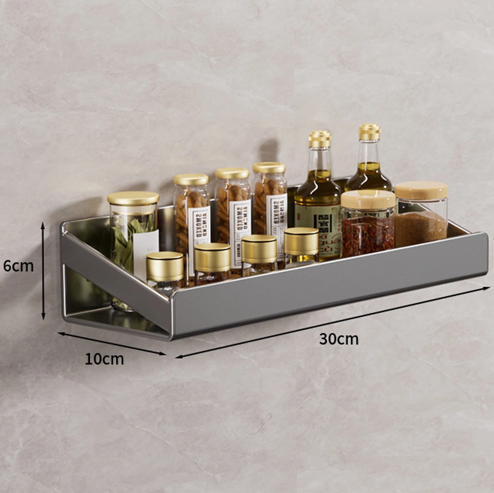 3 TODO Floating Spice Rack Shelf Wall Mounted Condiment Stand Storage Shelve Organizer 30 x 10 cm - Grey - Grey, 3 of 5