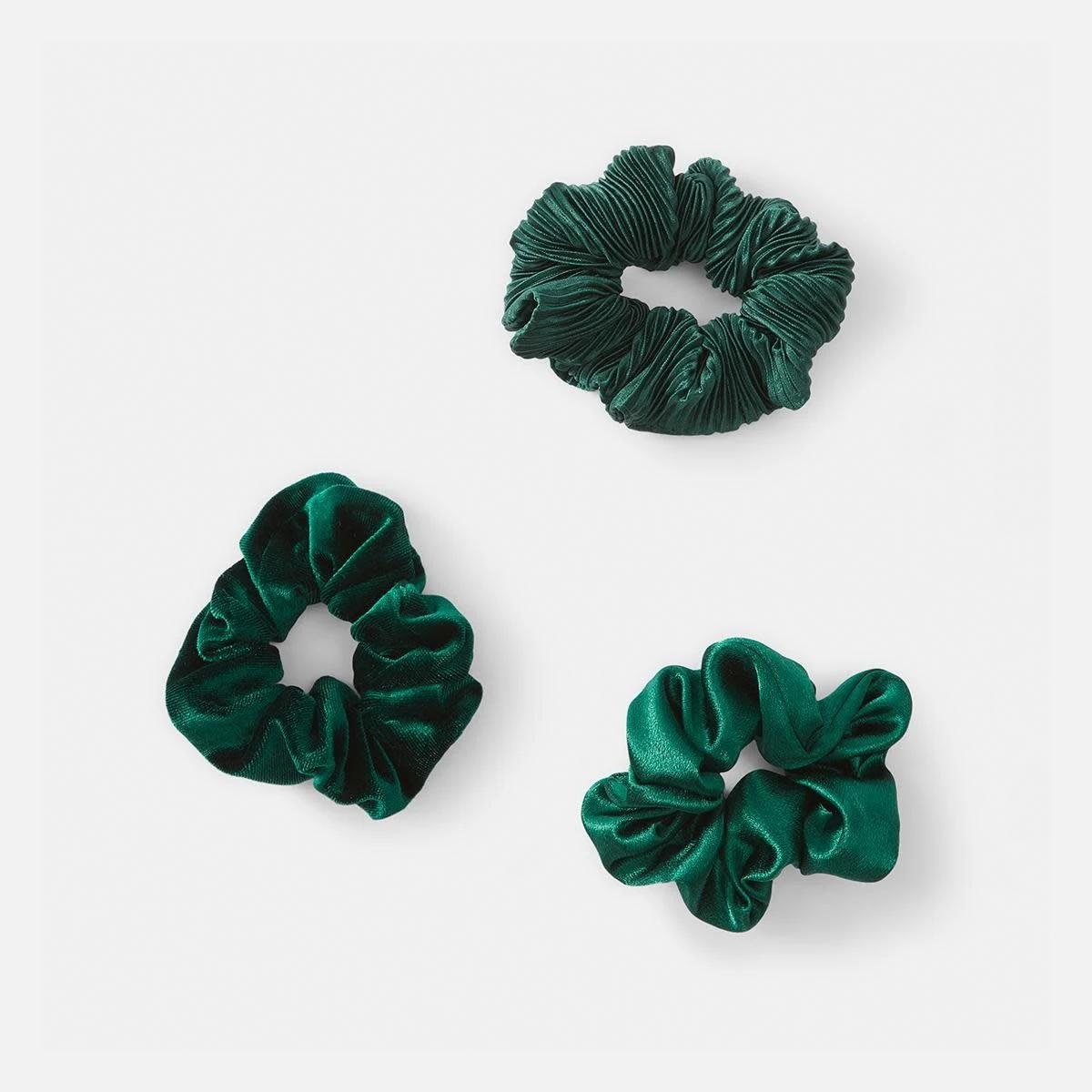 1 3 Pack Textured Hair Scrunchies - Green Green, 1 of 5