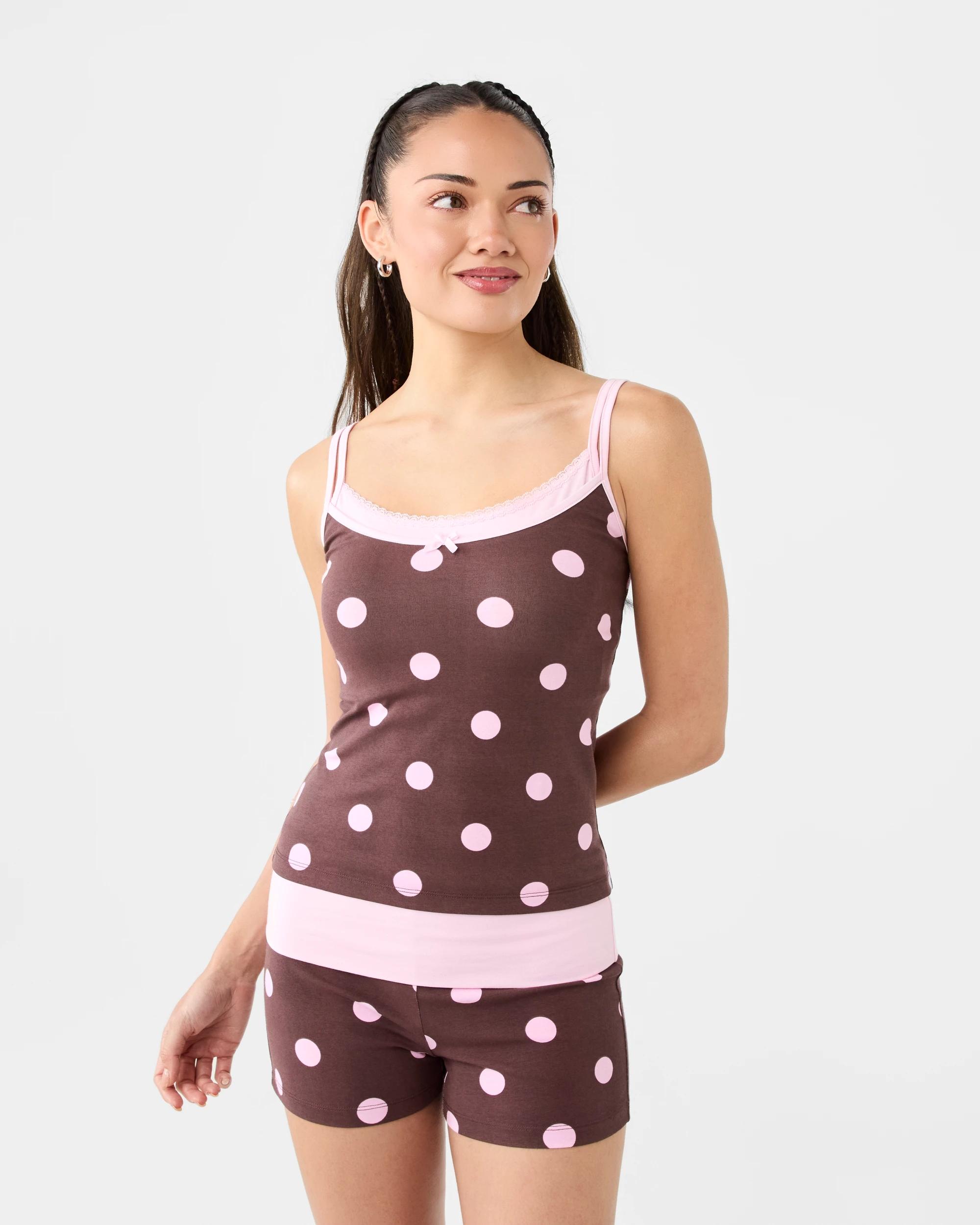 1 Double Layer Cami and Shorts Pyjama Set Bwn Pk Dot, 1 of 8