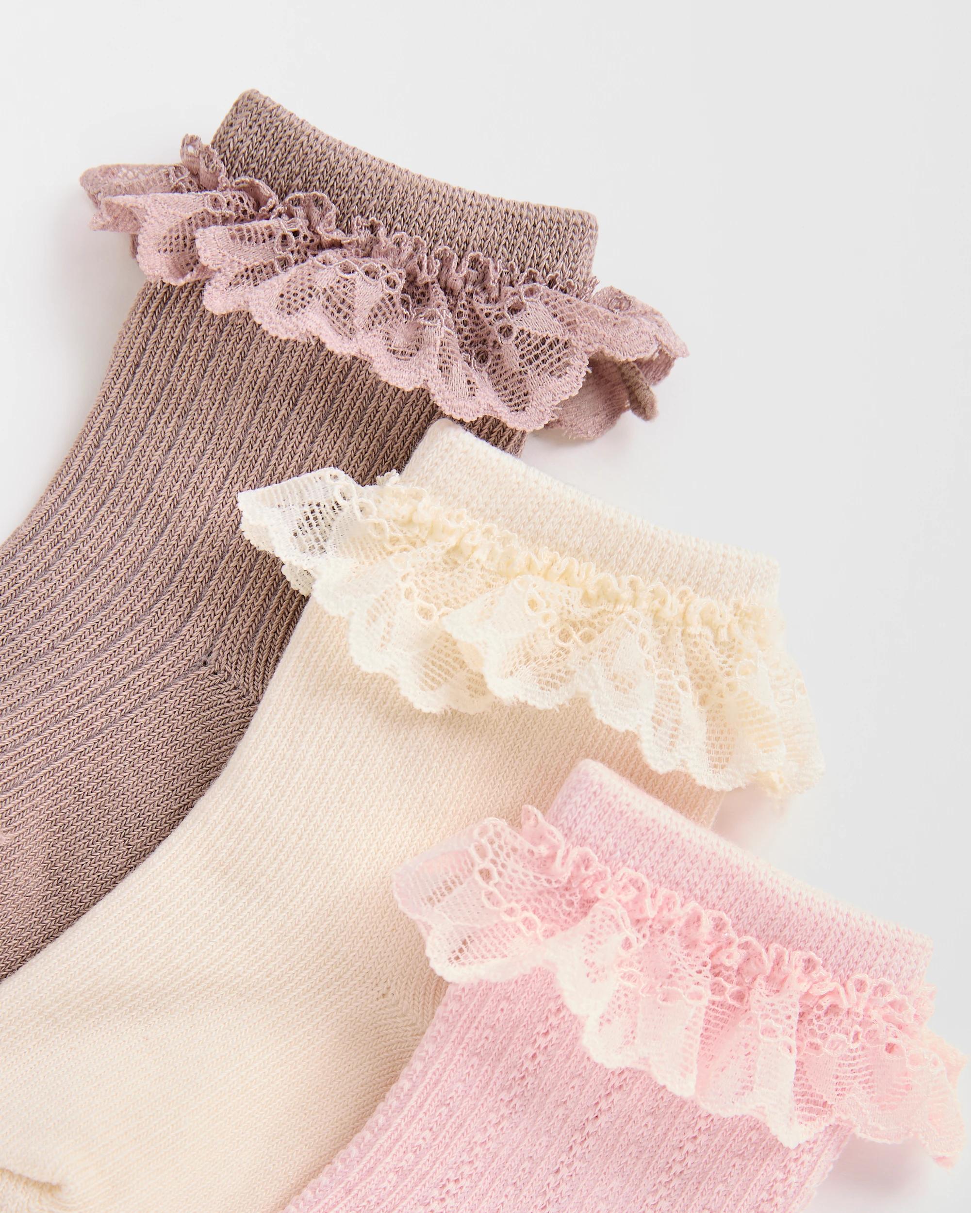 2 Target Baby Australian Cotton Blend 3 Pack Textured Lace Trim Socks PINK/CREAM/BROWN, 2 of 3