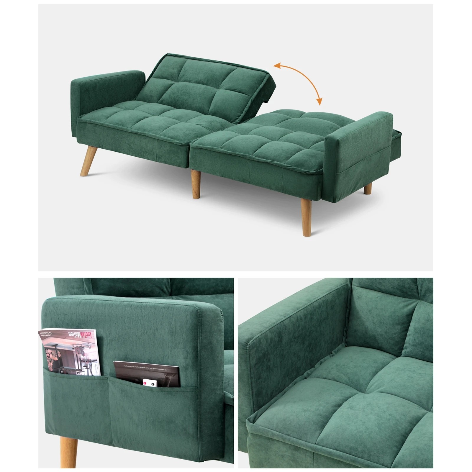 5 Oikiture Sofa Bed Futon Convertible Velvet Lounge Couch 3-seater Recliner
 - Green, 5 of 10