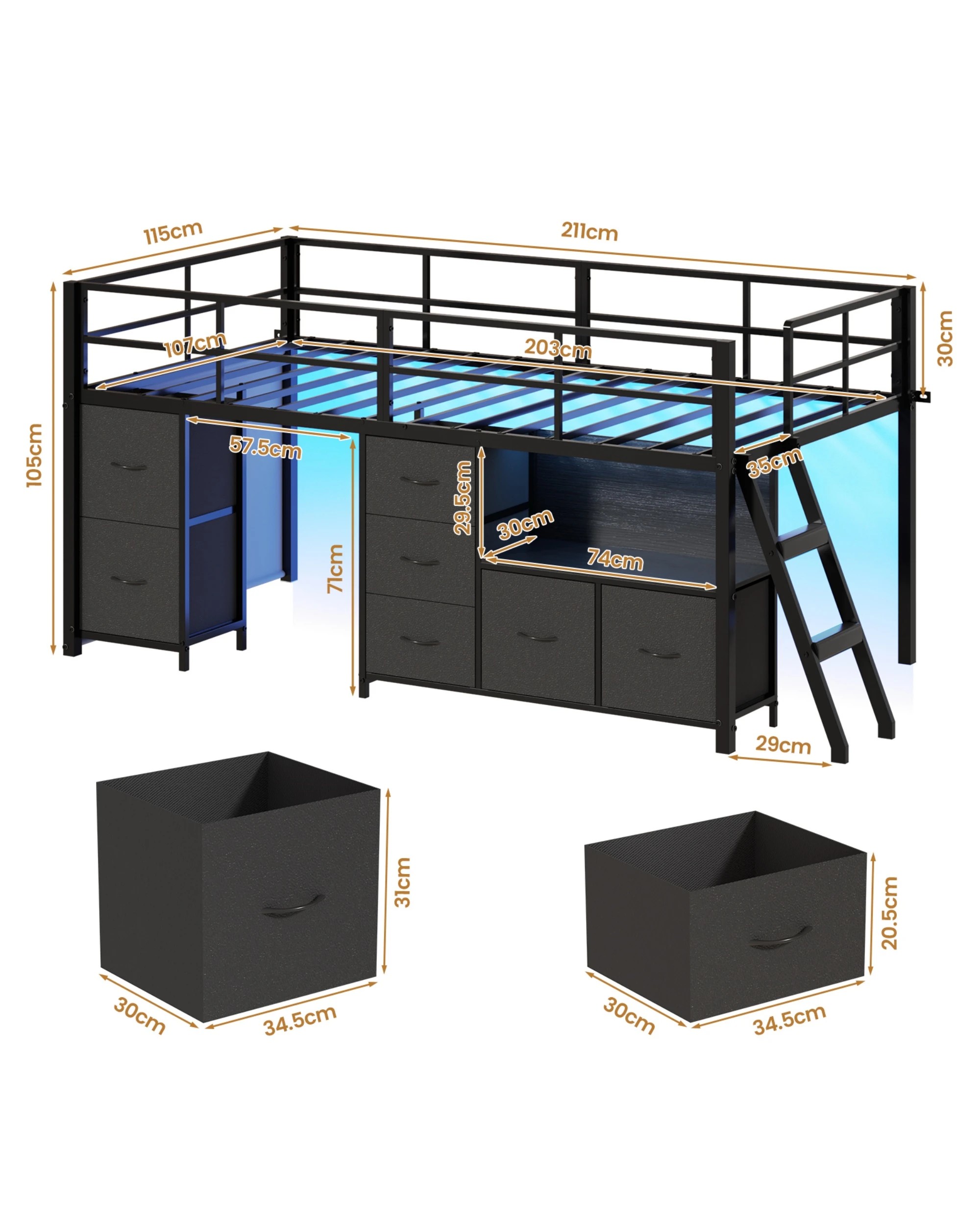 3 Advwin King Single Low Loft Bed with 7 Drawers Bookcase LED Light for Kids - Black, 3 of 6