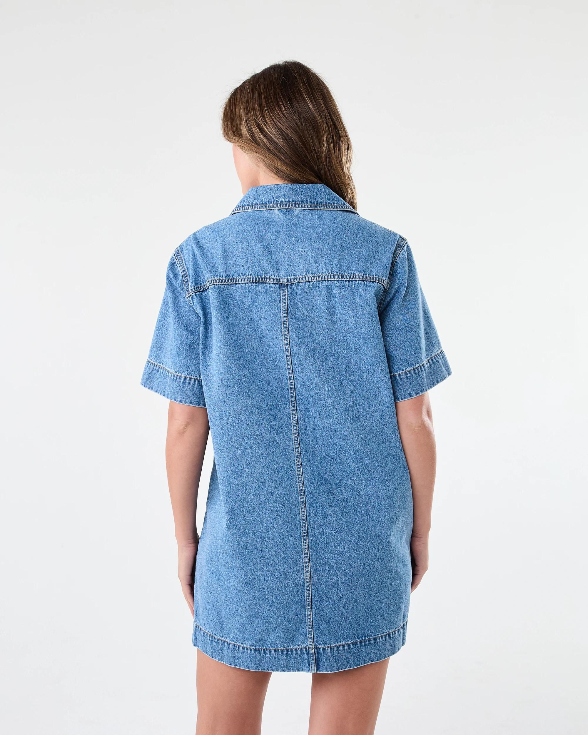 3 Short Sleeve Boxy V-Neck Denim Dress Mid Wash, 3 of 8