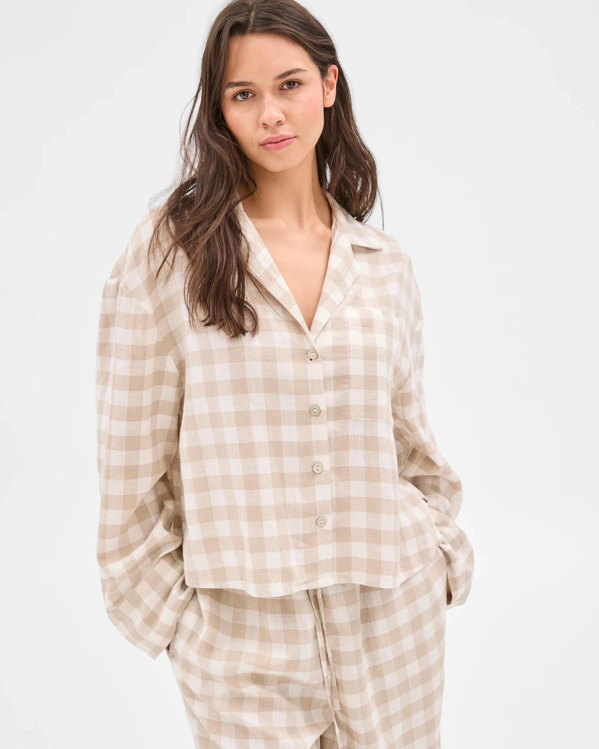 1 Target Womens Linen Blend Gingham Shirt and 7/8 Length Pant Pyjama Set NEUTRAL, 1 of 6