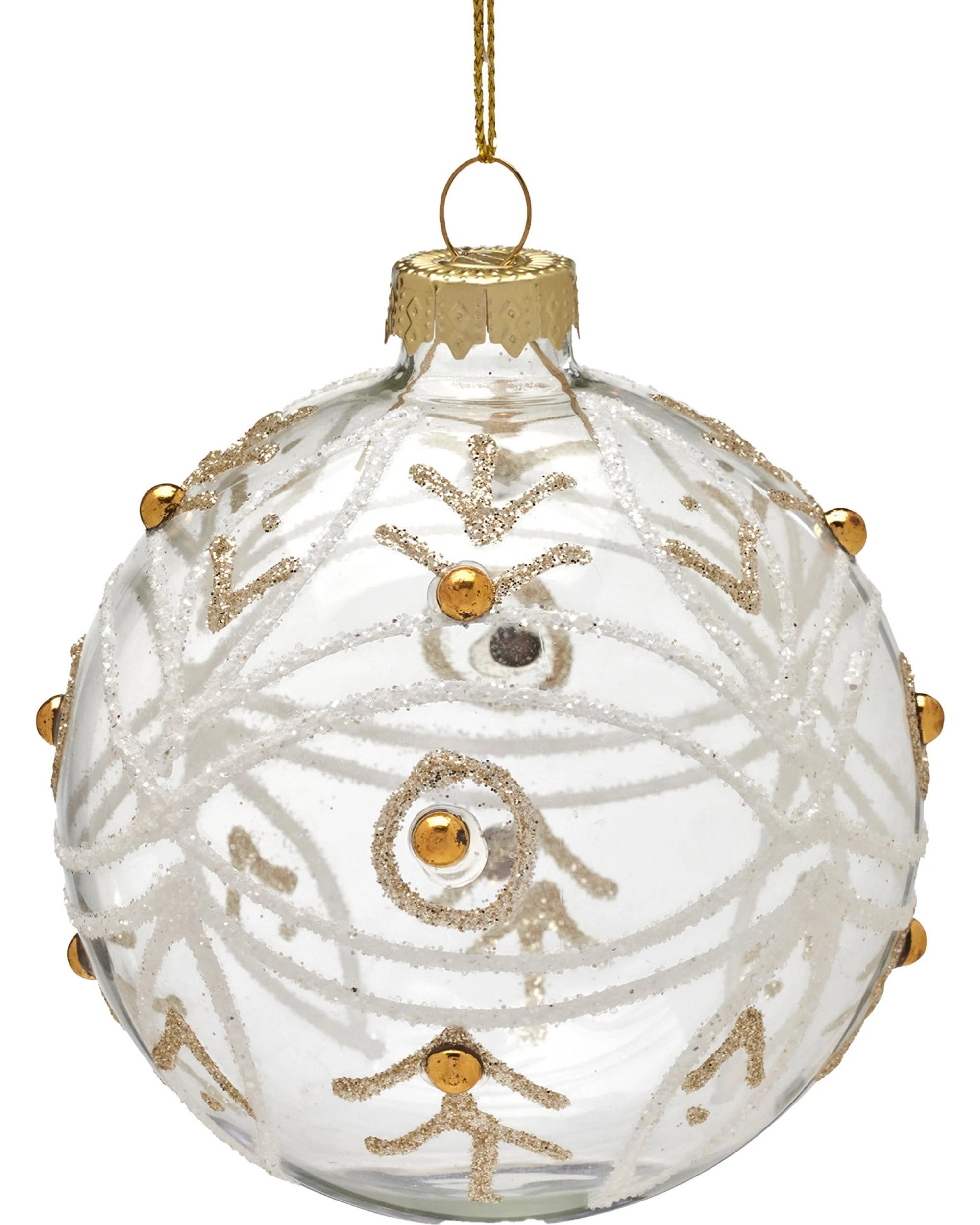 1 Christabelle Set of 6 Clear Glass Baubles, 8 cm, Gold Pearls and Glitter Swirls - Clear, 1 of 2