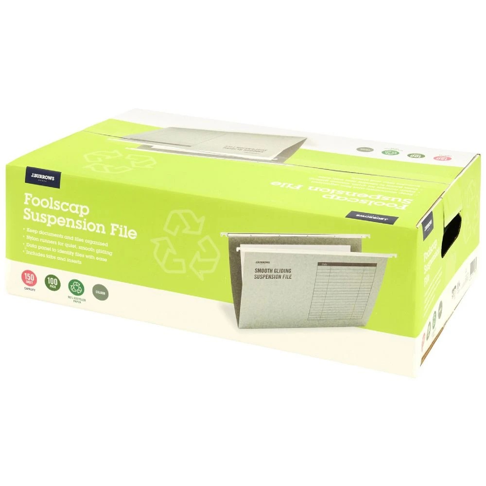 1 J.Burrows Foolscap Suspension Files Green 100 Pack, 1 of 2