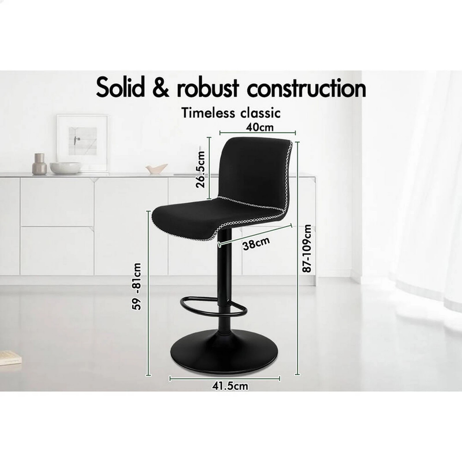 8 Alfordson 4x Bar Stools Remy Kitchen Gas Lift Swivel Vintage Chair Fabric - Black, 8 of 10