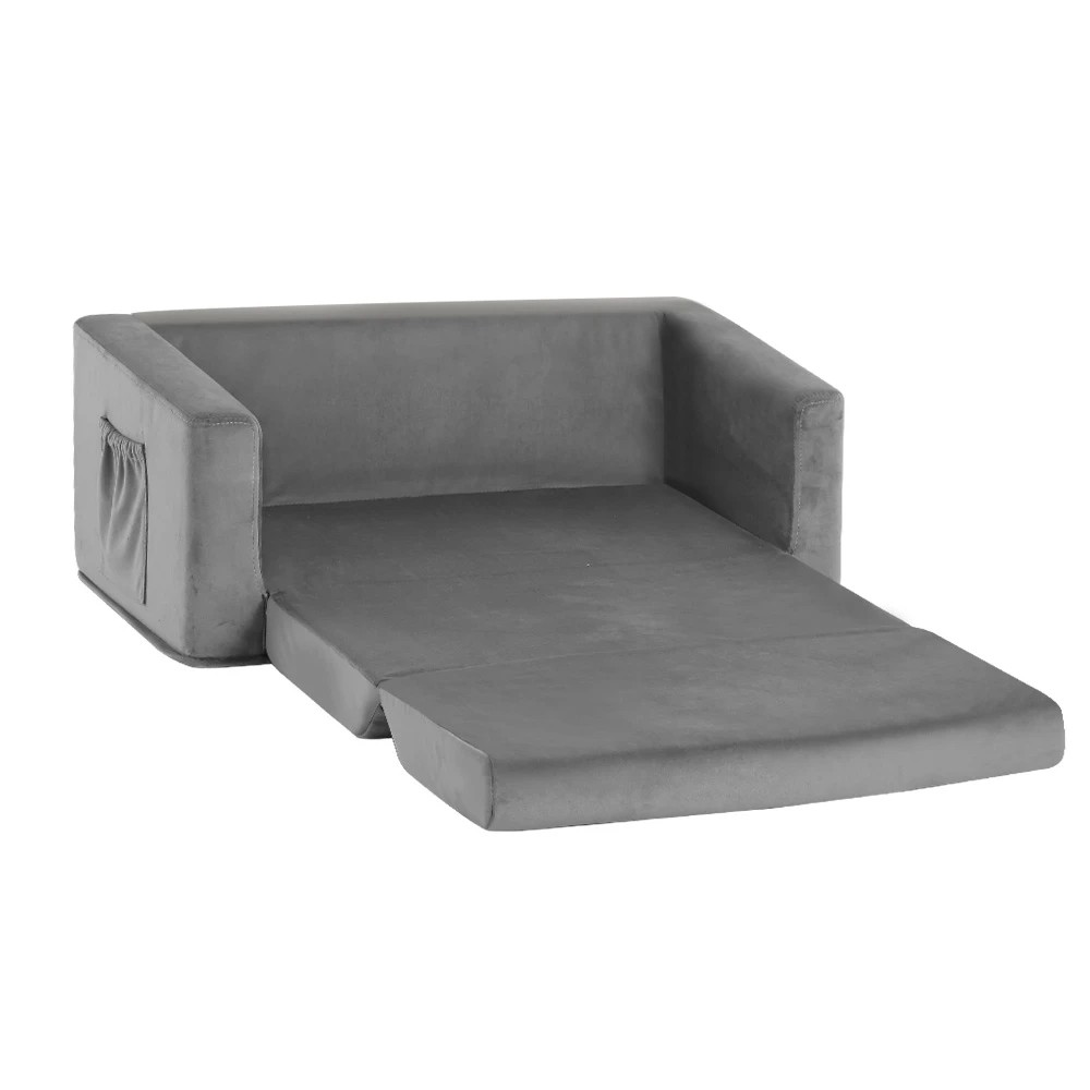 1 Keezi Kids Sofa 2 Seater Children Flip Open Couch Velvet Armchair - Grey, 1 of 5