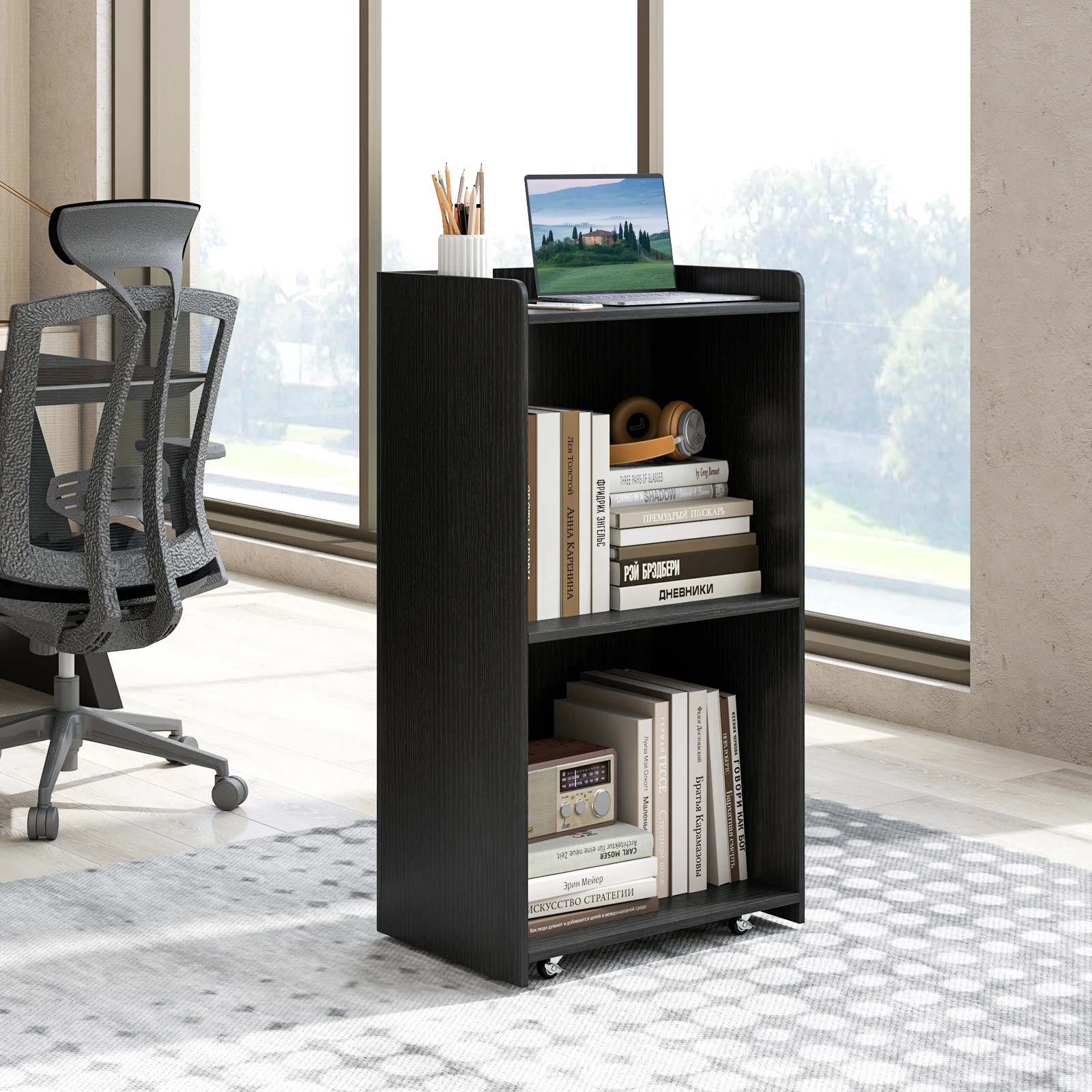 3 Costway 105cm Rolling Lectern Stand Presentation Podium w/Storage Shelves - Black, 3 of 6