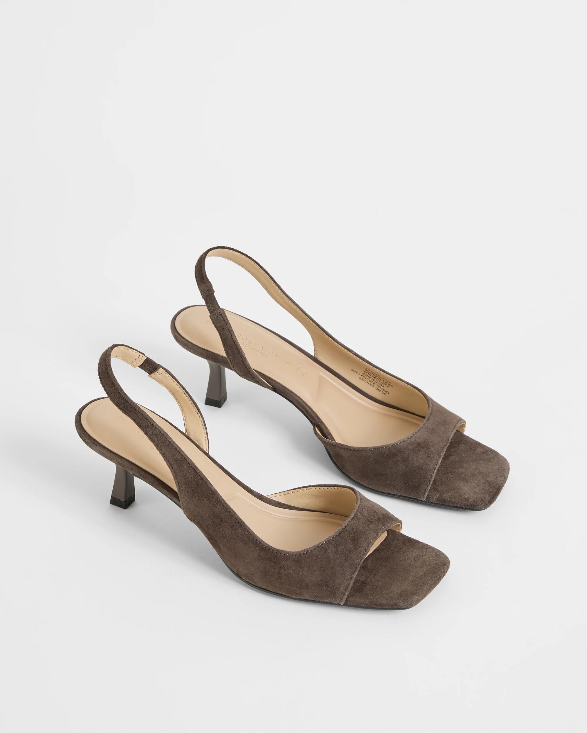 2 Target Woman Genuine Suede Leather Open Toe Kitten Heels DARK BROWN SUEDE, 2 of 3
