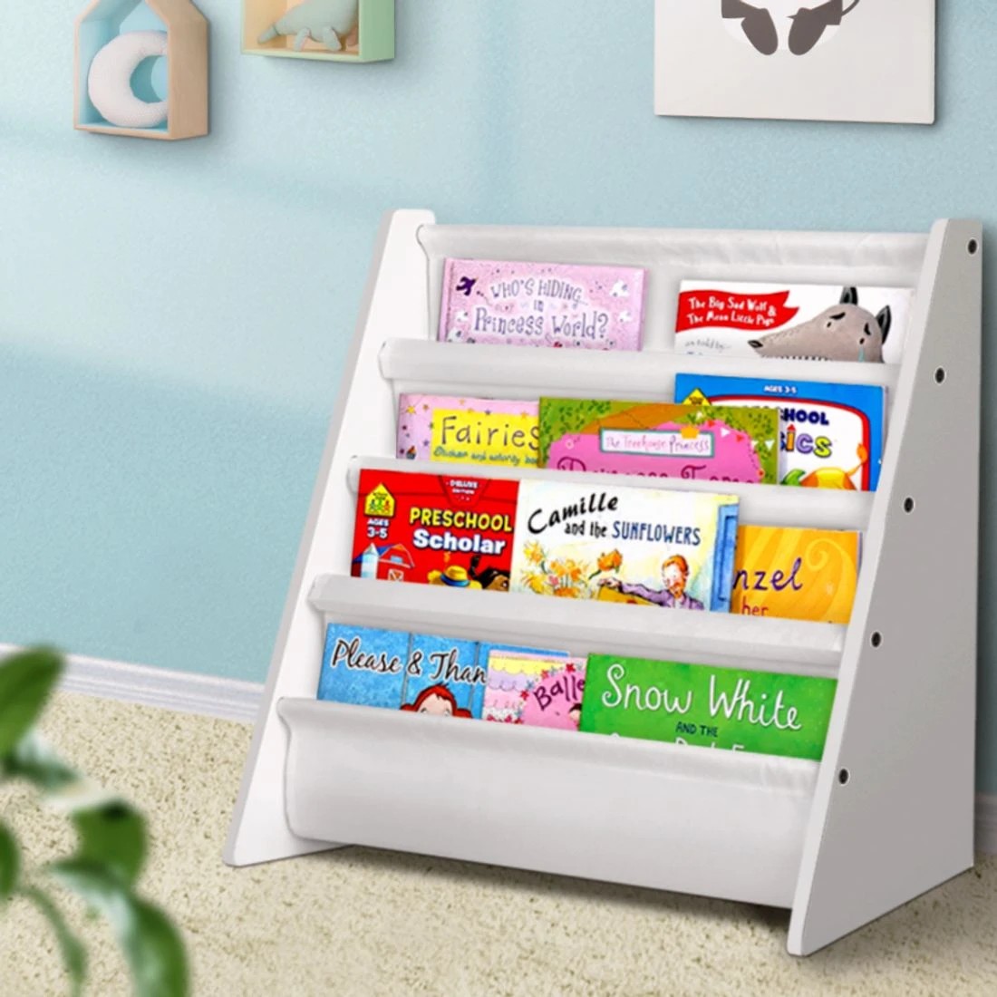3 Keezi 4 Tiers Kids Bookshelf Magazine Shelf Children Bookcase Rack Organiser Toy Storage Reading Nook Playroom - White, 3 of 8