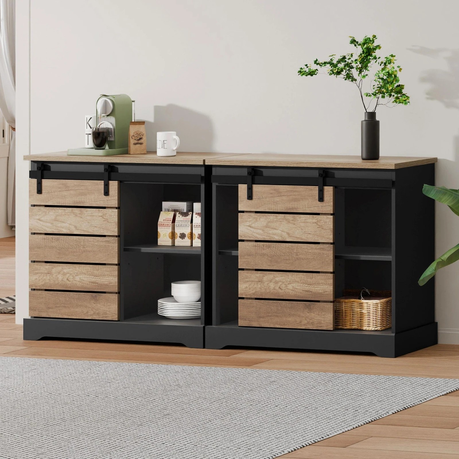 2 Alfordson 2x Buffet Sideboard Cabinet Sliding Door Cupboard Storage Kitchen - Black, 2 of 9