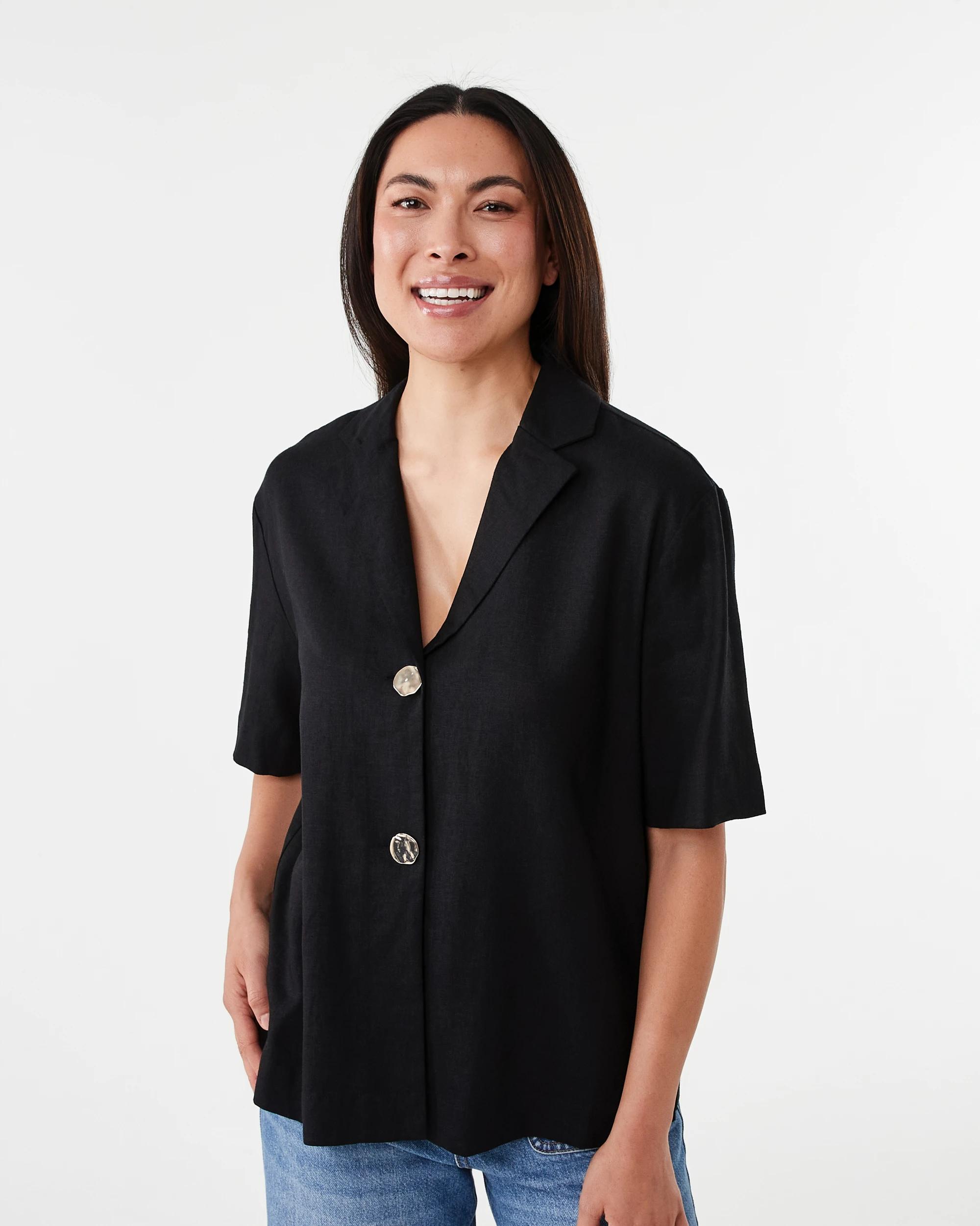 1 Short Sleeve Linen Blend Gold Button Top Black, 1 of 7