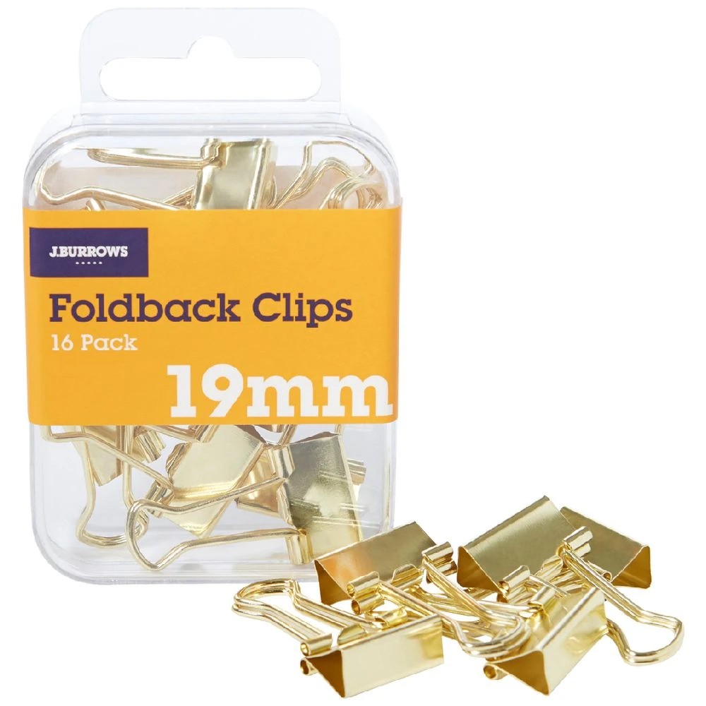 1 J.Burrows 19mm Foldback Clips Gold 16 Pack, 1 of 3