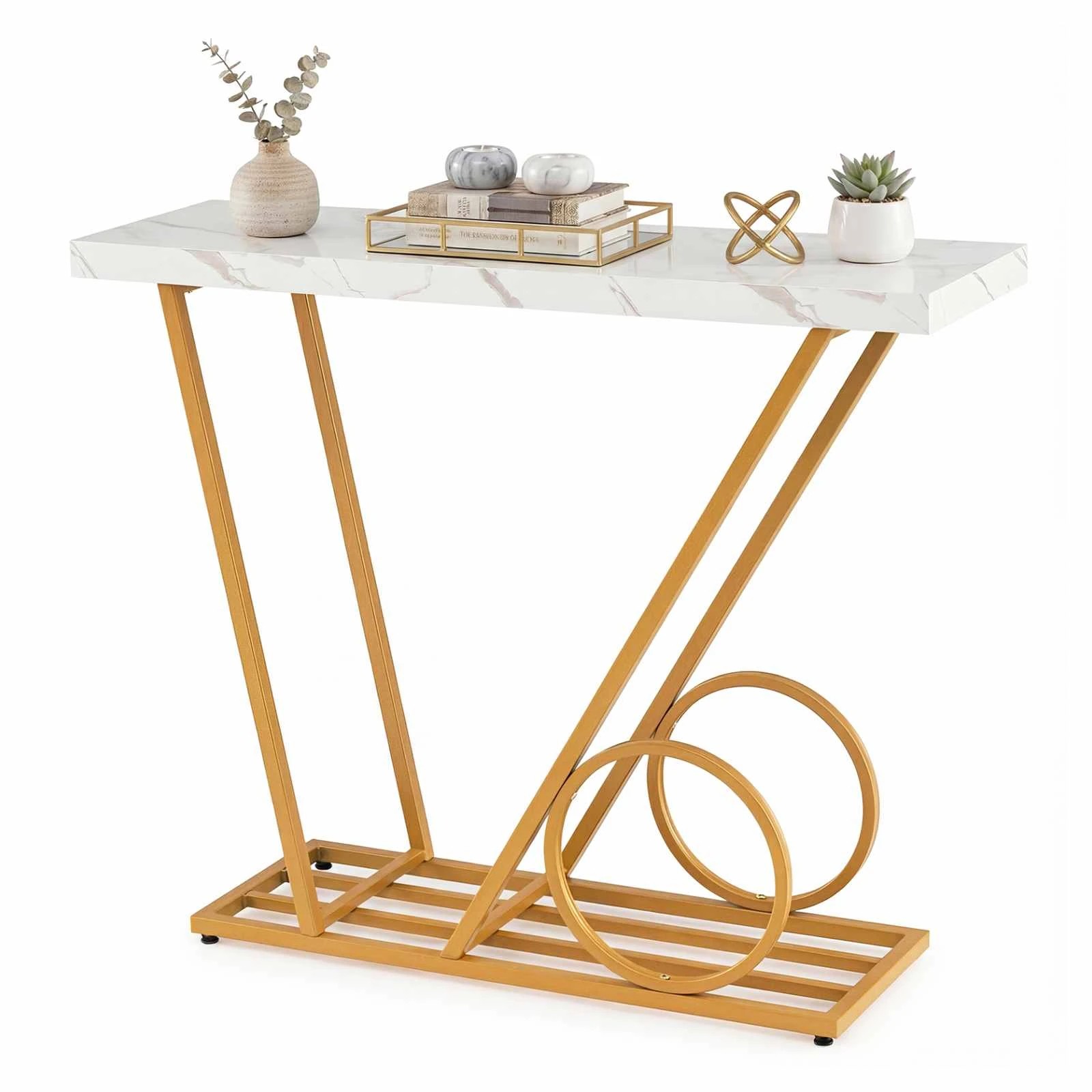 3 Costway Modern Console Table Faux Marble Entryway Table Sofa Side Table Metal Frame, 3 of 3