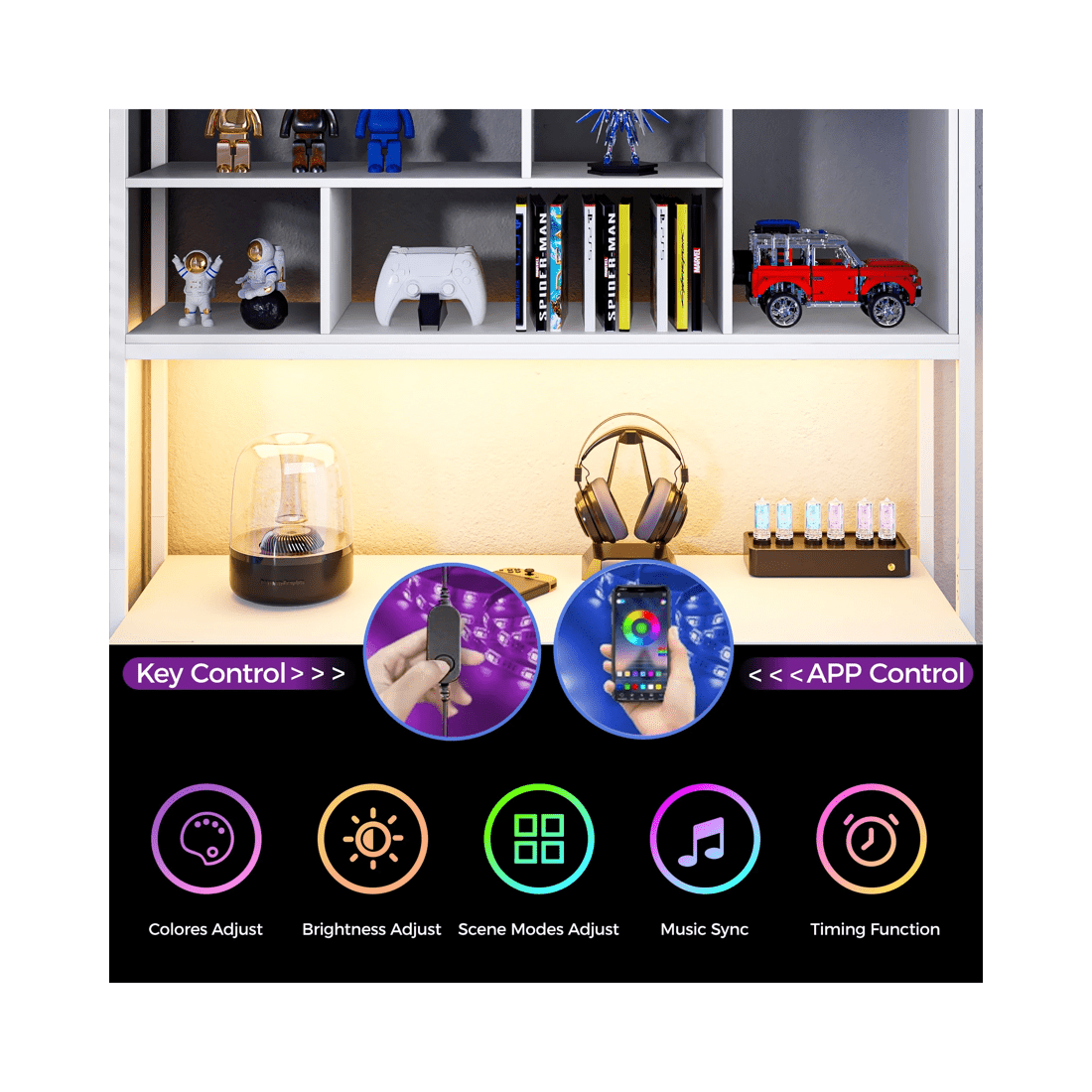 3 Advwin L Shaped Gaming Desk With Led Lights Reversible 148cm Computer Desk With 3 Drawers And Bookshelf White, 3 of 9