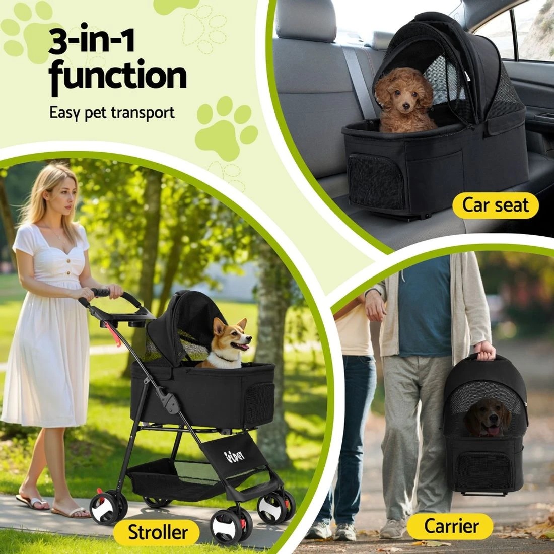 4 i.Pet Pet Stroller Dog Pram Cat Carrier Travel Large Pushchair Foldable 4 Wheels - Black, 4 of 8