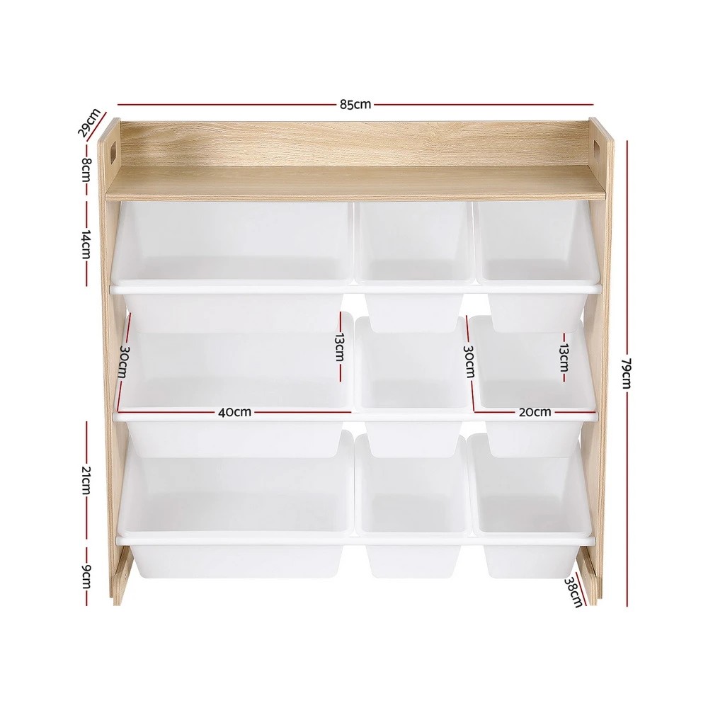 2 Keezi Kids Toy Box 9 Bins Bookshelf Organiser Display Shelf Storage Rack en - Natural, 2 of 6