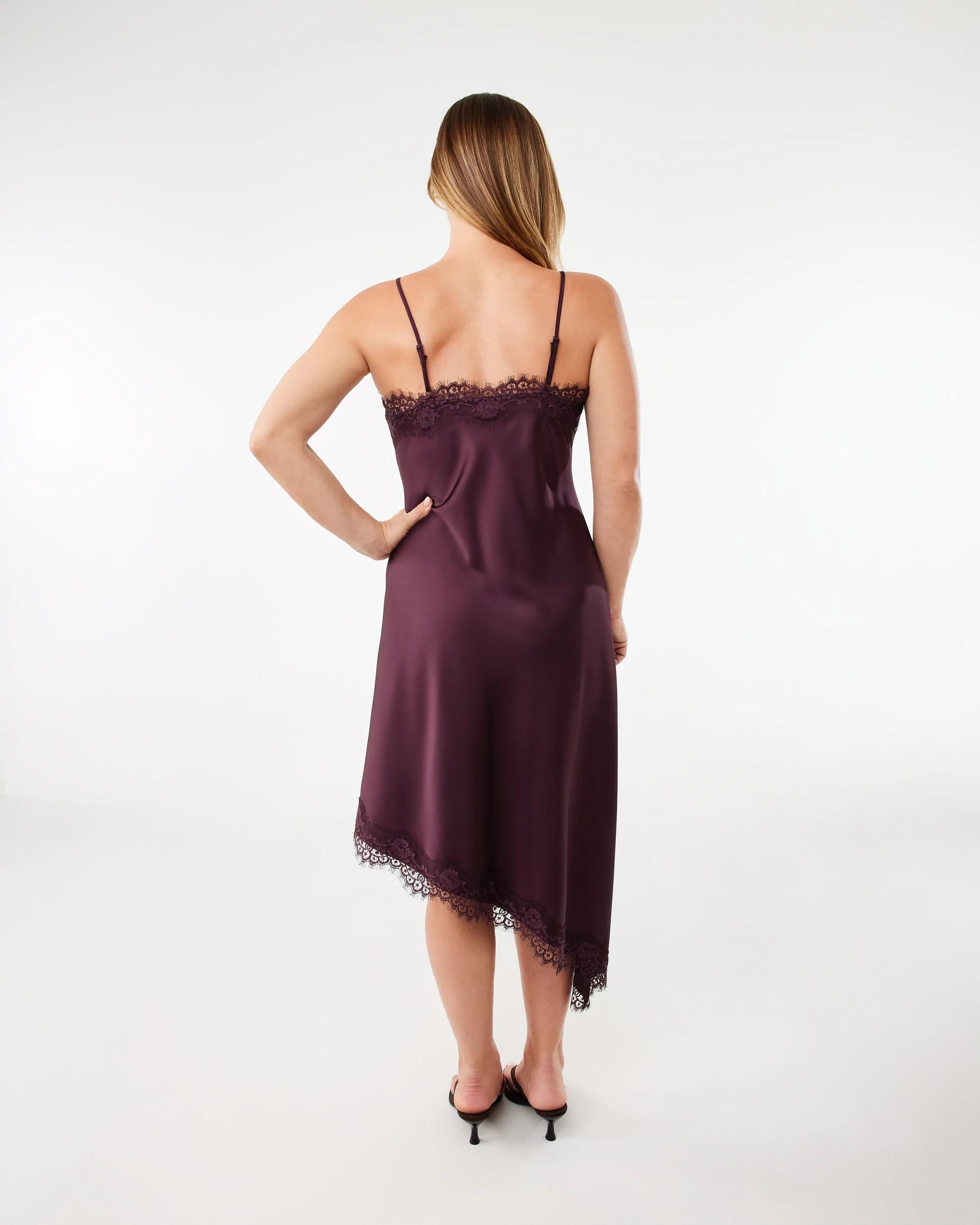 3 Sleeveless Satin Asymmetrical Lace Trim Midi Dress Fudge, 3 of 6