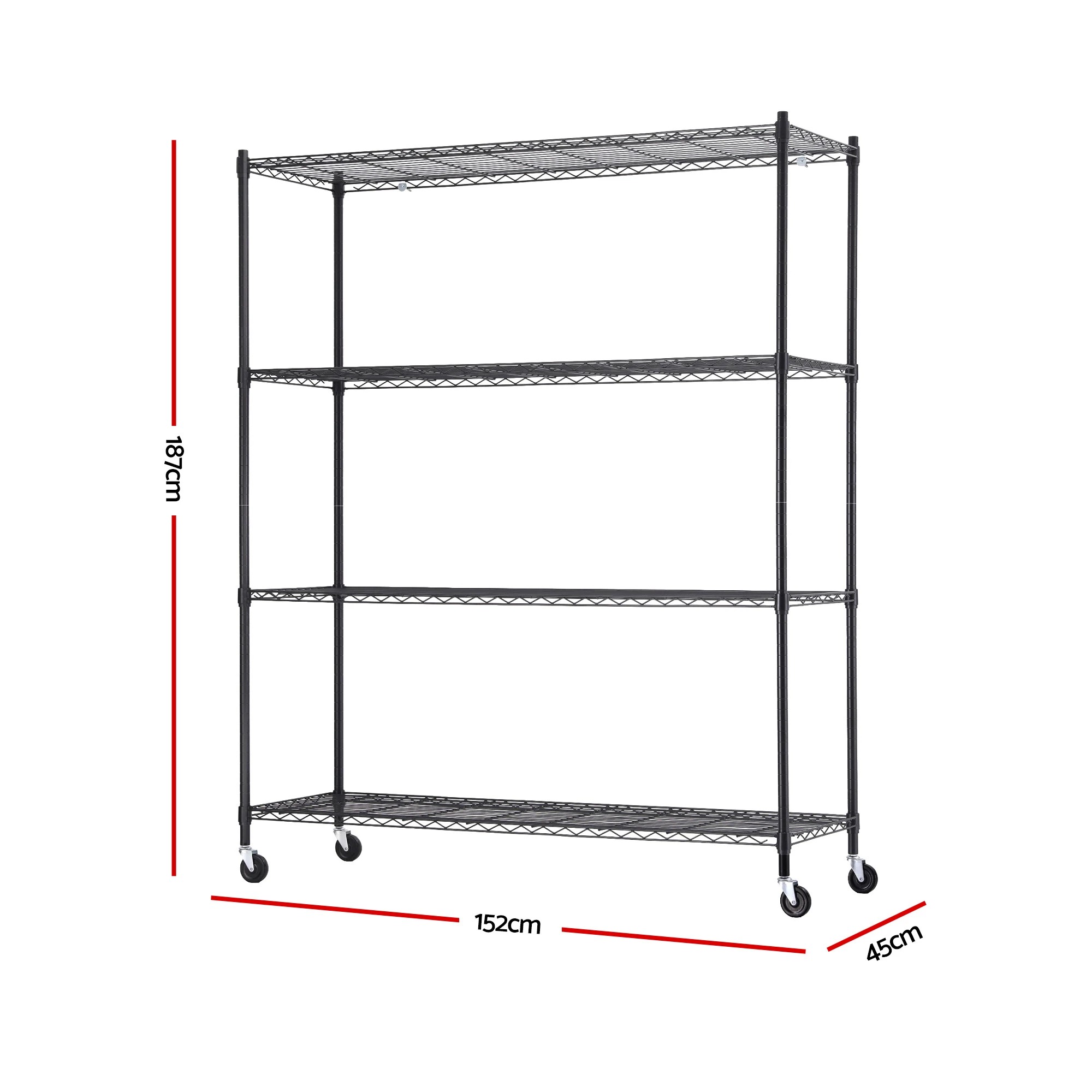 3 Artiss 4-Tier Kitchen Garage Rack Shelf with Wheels Shelving Unit 152x45x187CM Adjustable Metal Storage Shelves - Black, 3 of 9