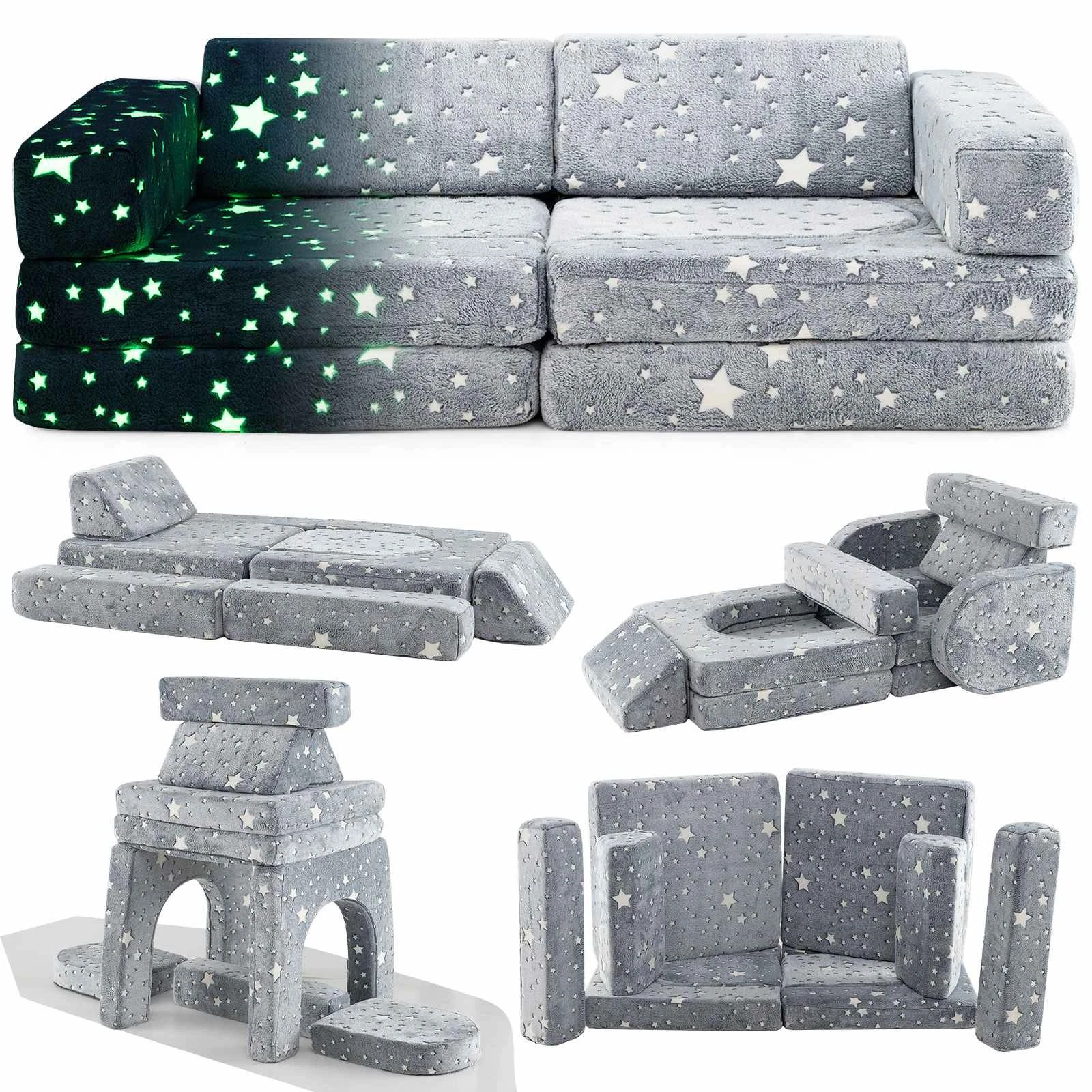1 Costway 10-Piece Luminous Folding Sofa w/Flannel Cover - Grey, 1 of 2