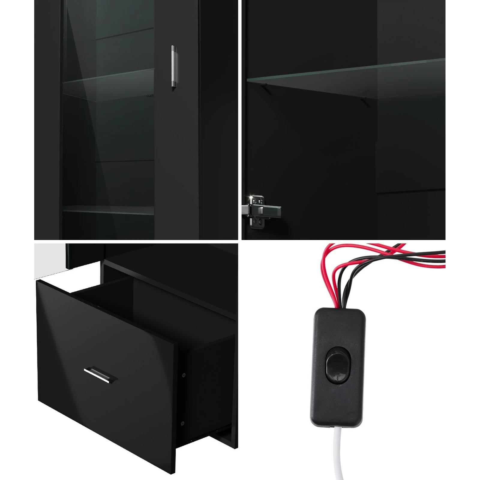 4 Oikiture Display Cabinet Buffet Sideboard LED Light Cupboard- Black, 4 of 10