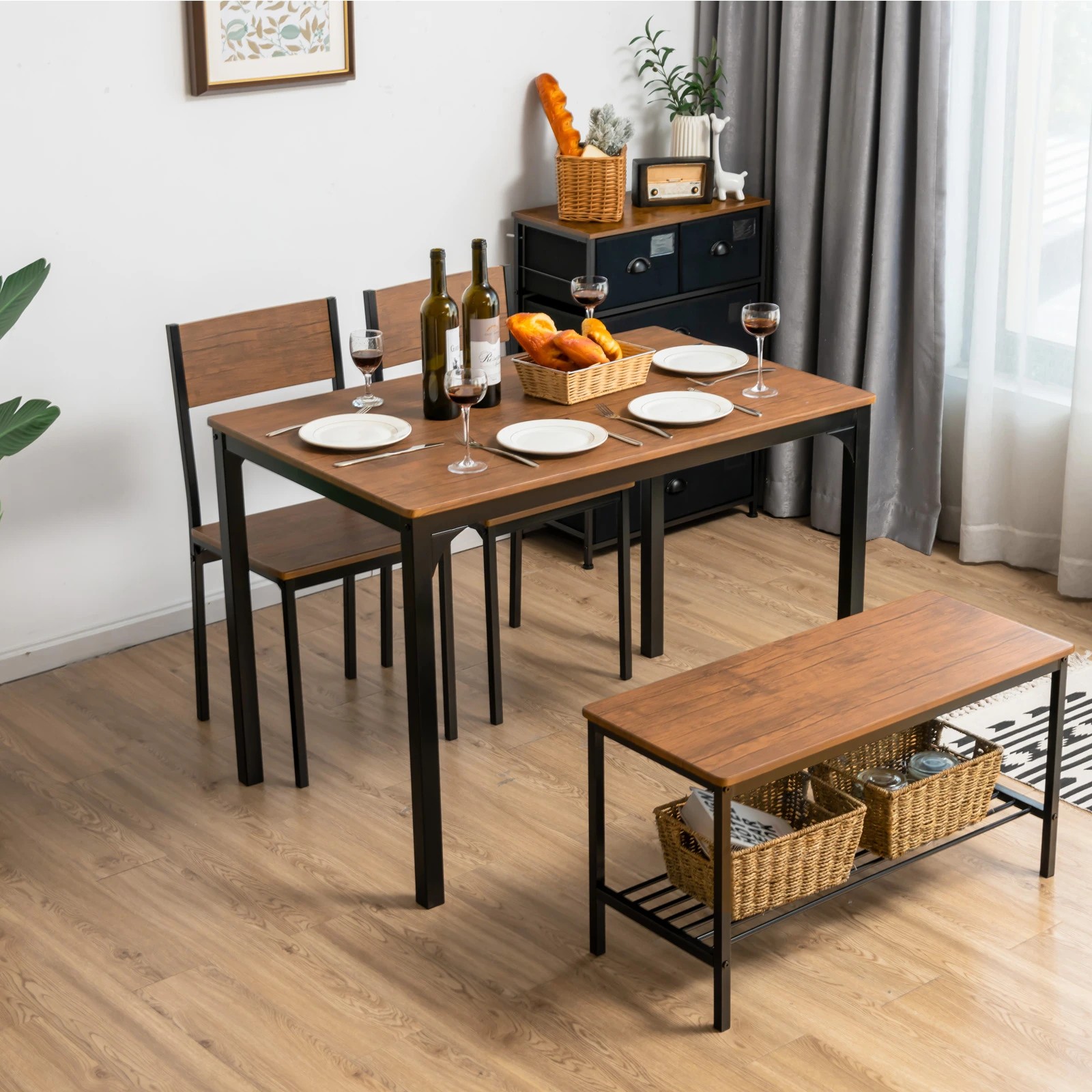 3 Costway 4PCS Dining Table Set Metal Frame Kitchen Breakfast Table Set w/Storage Rack - Brown, 3 of 4