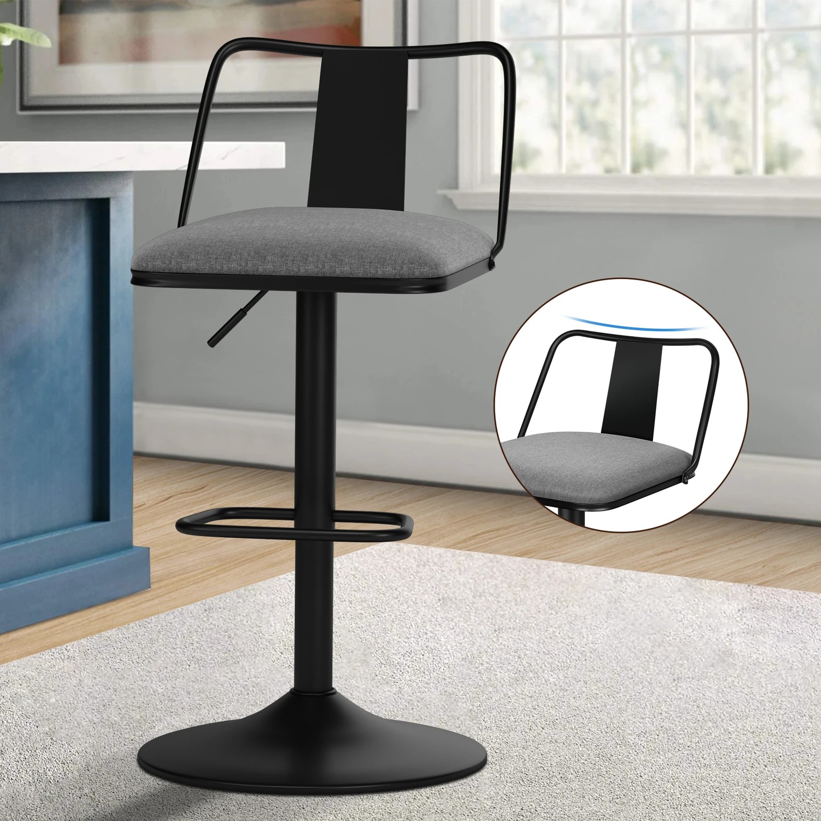 3 Alfordson 2x Bar Stools Gas Lift Fabric Bar Chairs Kitchen Swivel Gloria - Grey, 3 of 10