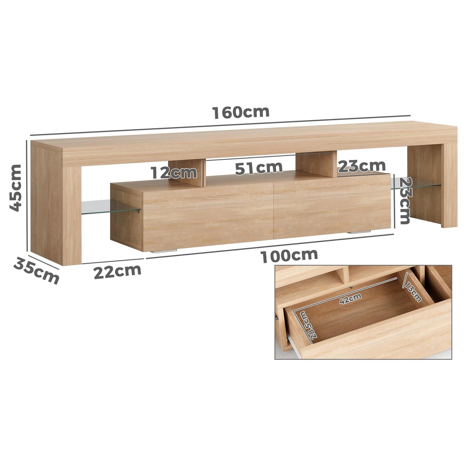 2 Alfordson Entertainment Unit 160cm TV Stand LED Light Storage Drawer - Oak, 2 of 10