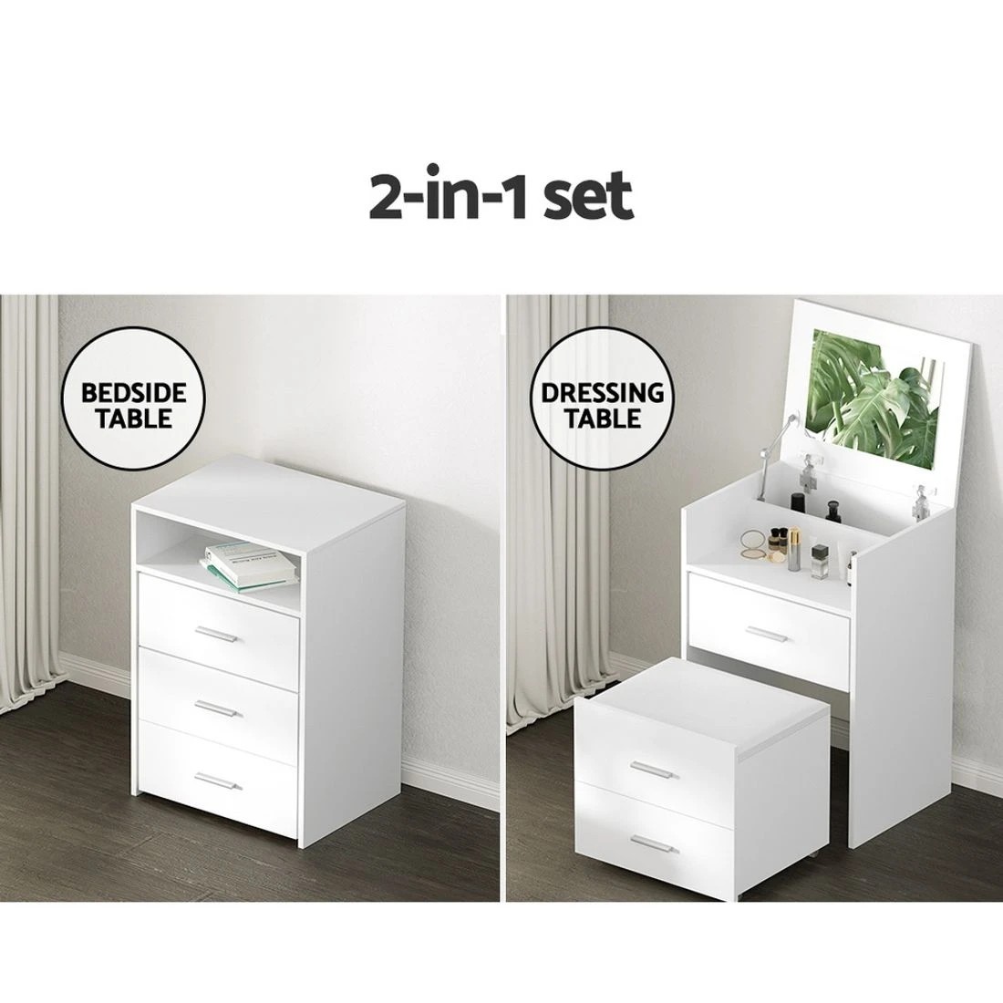 6 Artiss 2-in-1 Dressing Table Stool Set Bedside Table Vanity Mirror Stool Set Makeup Storage Easy Assembly - White, 6 of 8