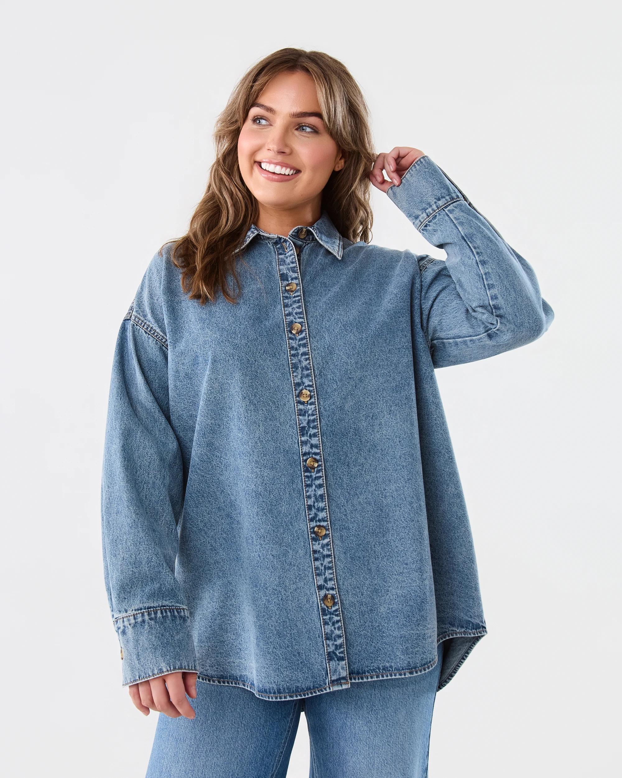 1 Long Sleeve Oversized Denim Shirt Light Wash, 1 of 7