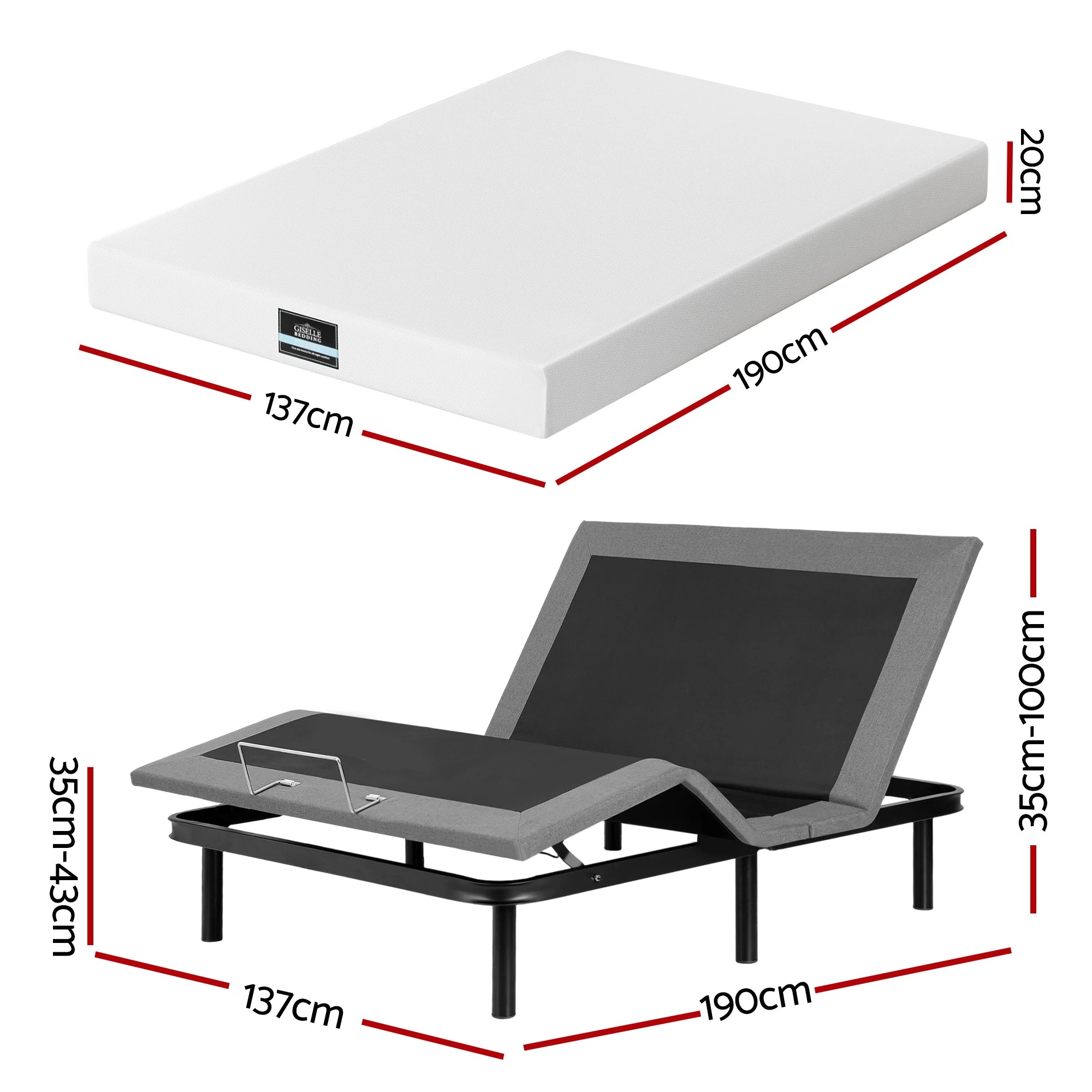 2 Artiss Double Adjustable Bed Frame with Giselle Cooling Gel-Infused Mattress - Multi, 2 of 9