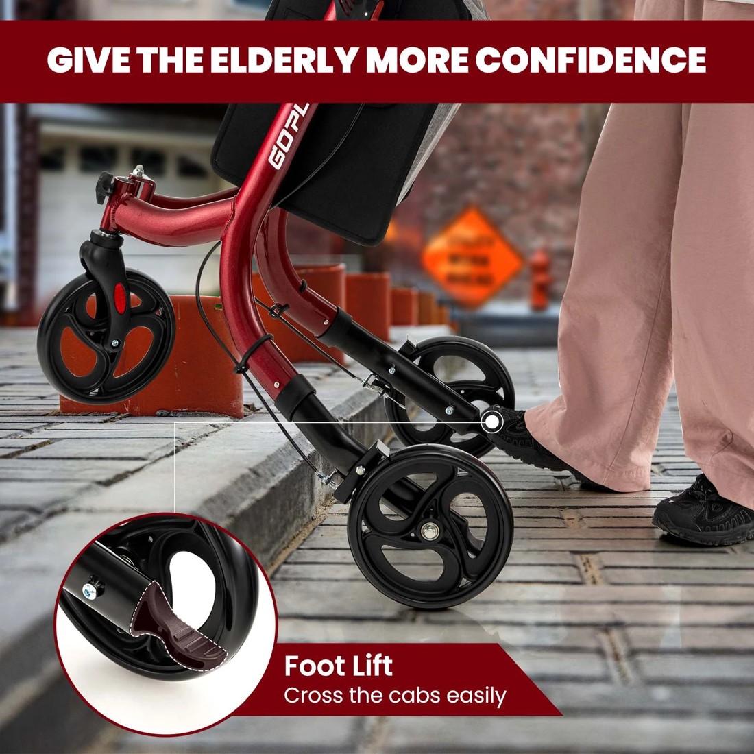 3 Costway Foldable Rollator Aluminum Adjustable Mobility Walker w/ Storage Bag - Red, 3 of 10