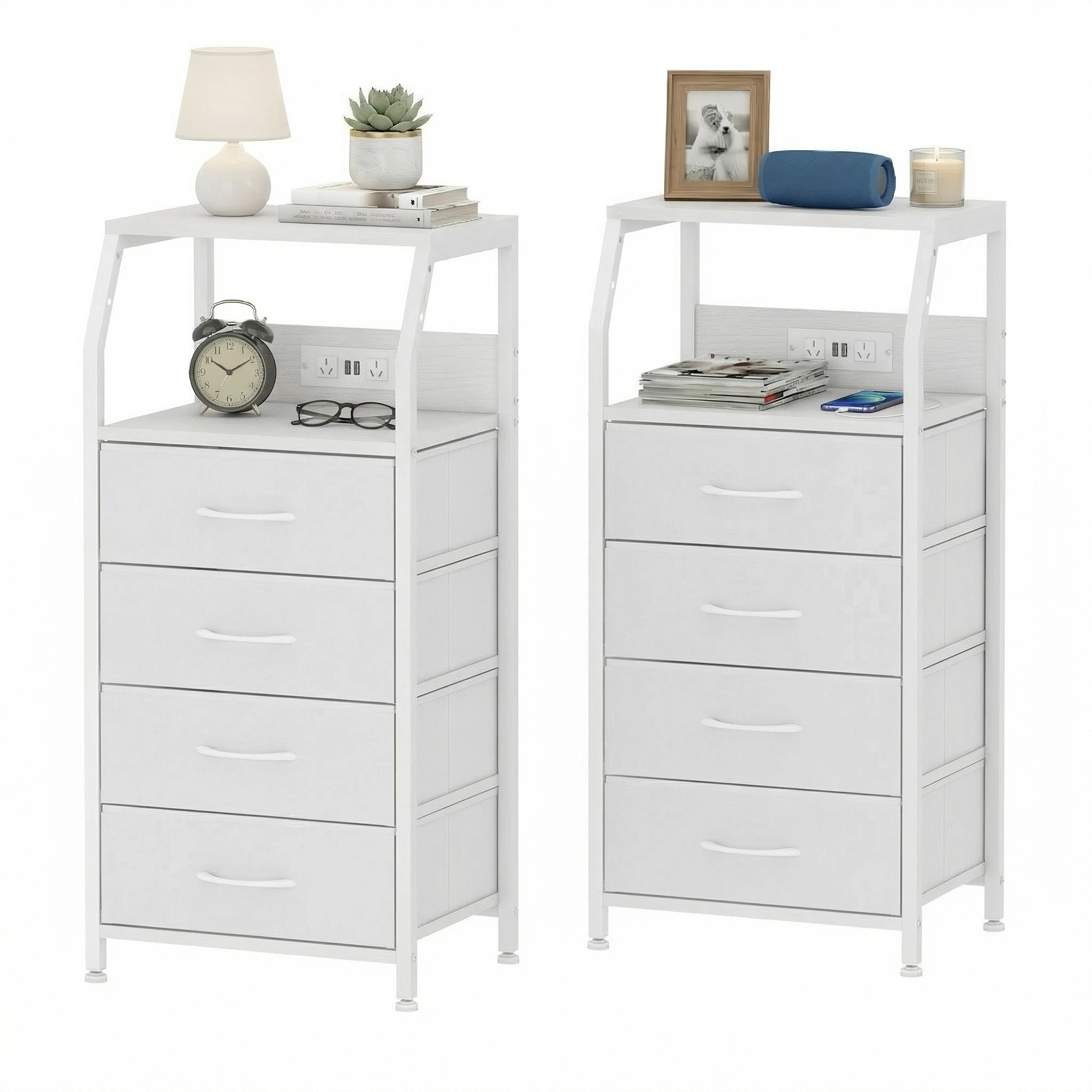 1 Advwin Set of 2 Bedside Table with Charging Station 4 Fabric Drawers Nightstand - White, 1 of 10