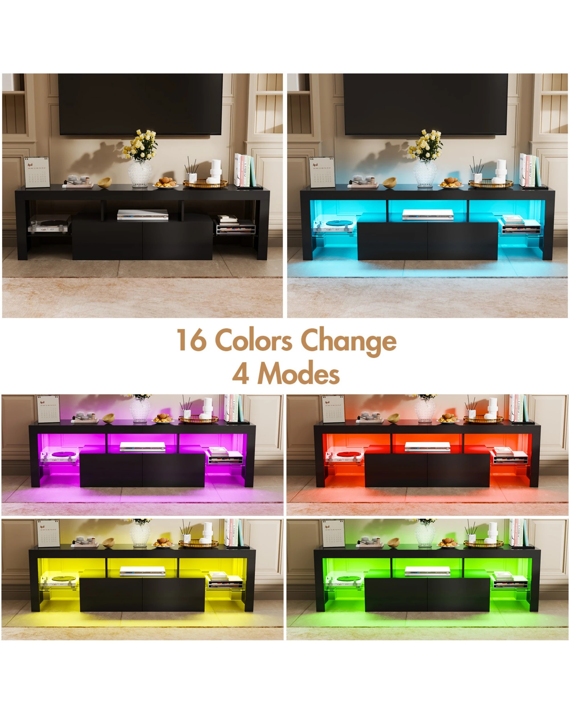 7 Advwin Tv Cabinet 160cm Rgb Led Entertainment Unit Stand Uv Gloss Modern Media Console Black, 7 of 8