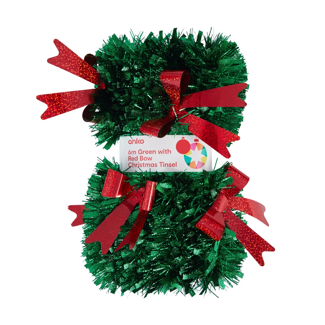 1 6m Green with Red Bow Christmas Tinsel, 1 of 3