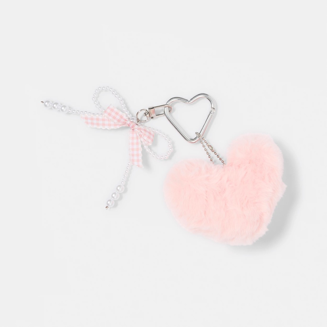 1 Fluffy Heart Charm Keyring - Silver Tone, White and Pink, 1 of 2
