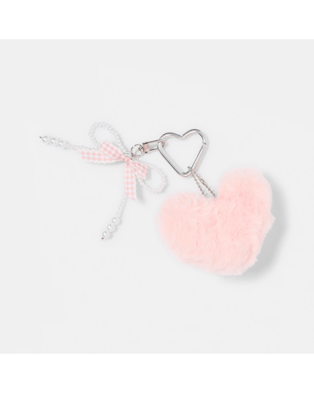 Fluffy Heart Charm Keyring - Silver Tone, White and 