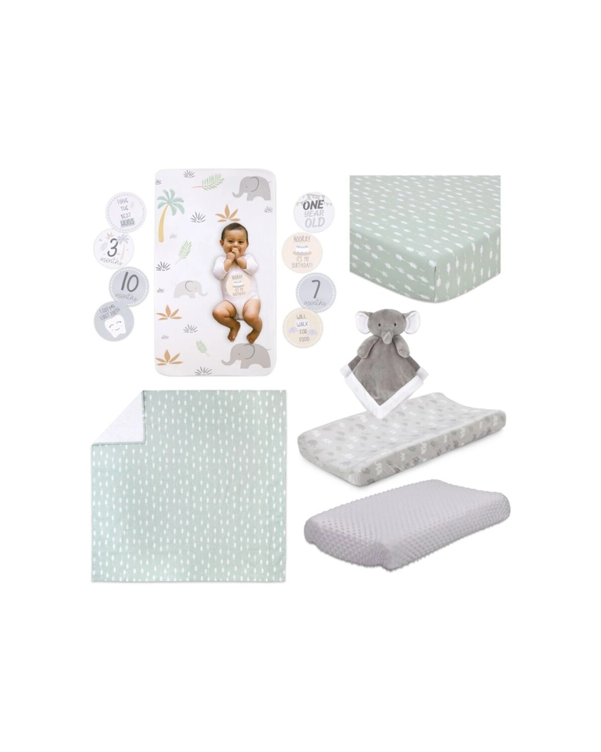 1 Little Haven 7pc Cot Bedding Bundle Elephant Baby With Milestone Cards - Grey, 1 of 6