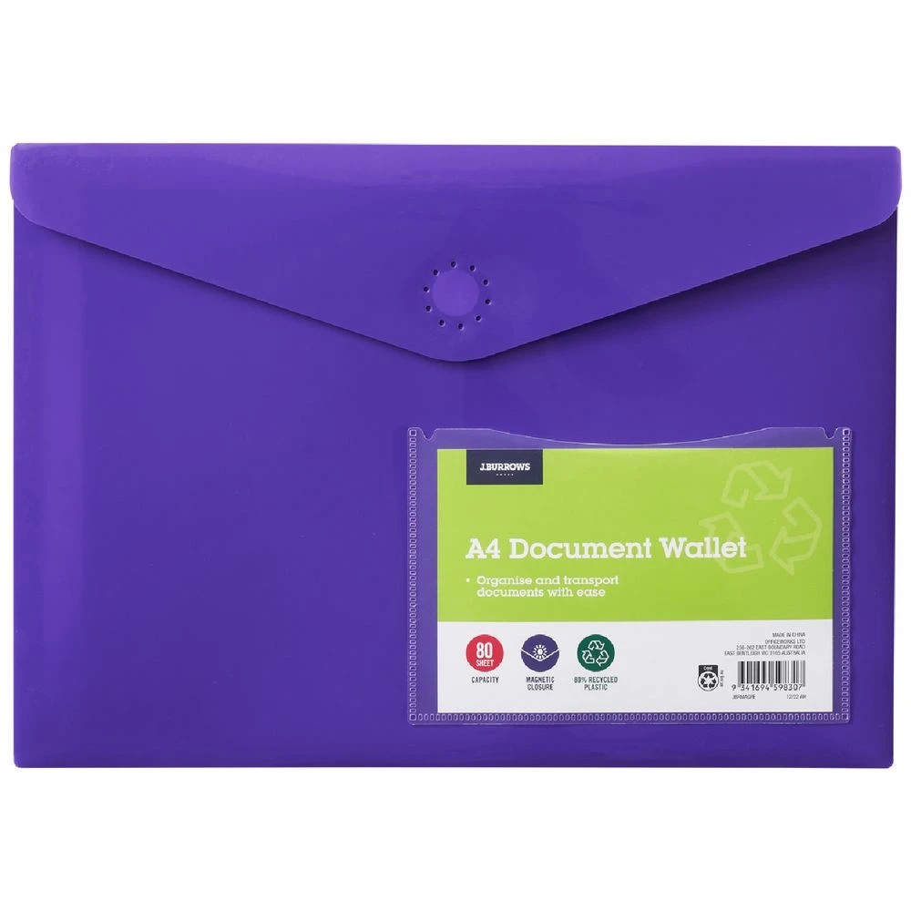 1 J.Burrows A4 Document Wallet Magnetic Closure Purple, 1 of 4