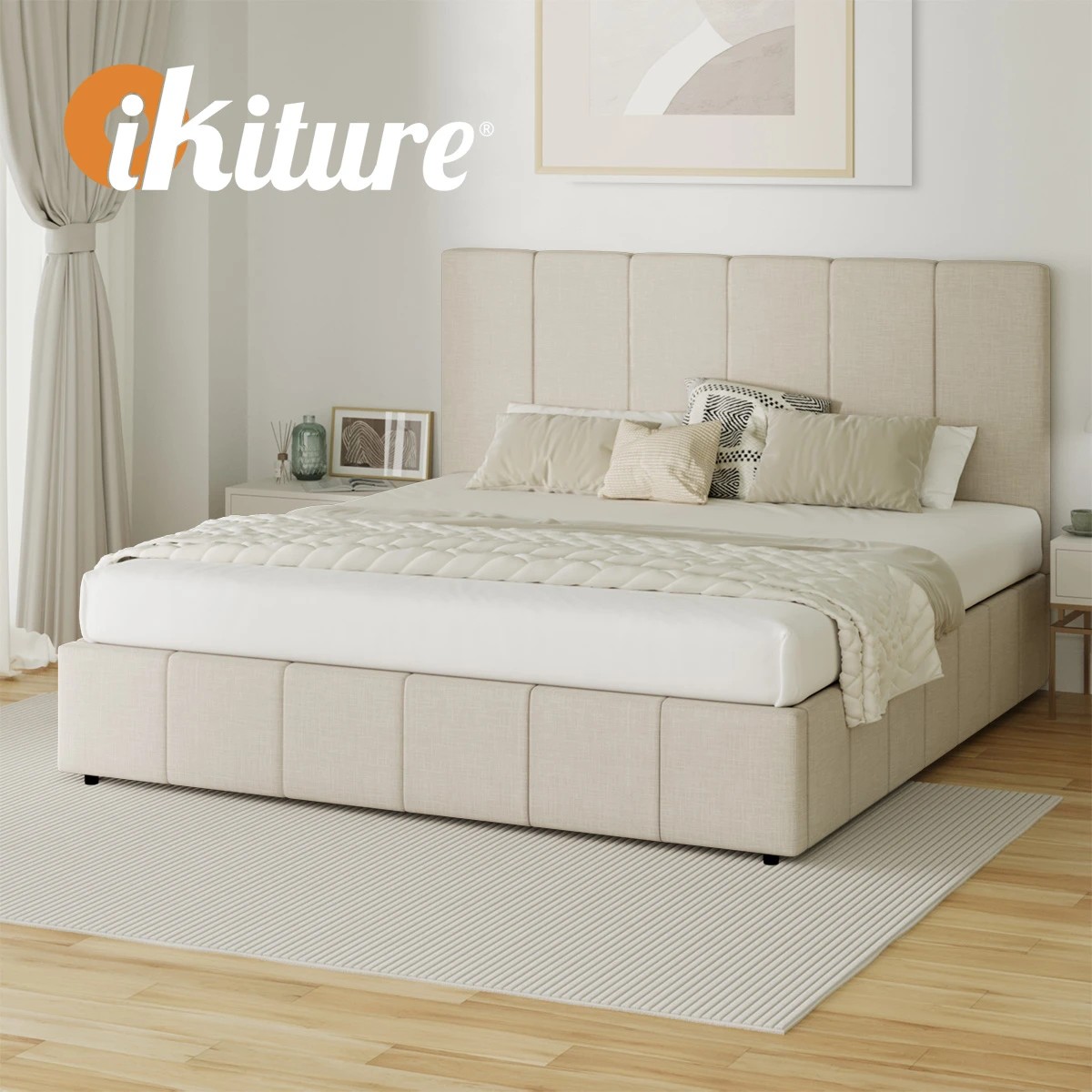 6 Oikiture Queen Bed Gas Lift Base With Storage Bed Frame
 - Beige, 6 of 10