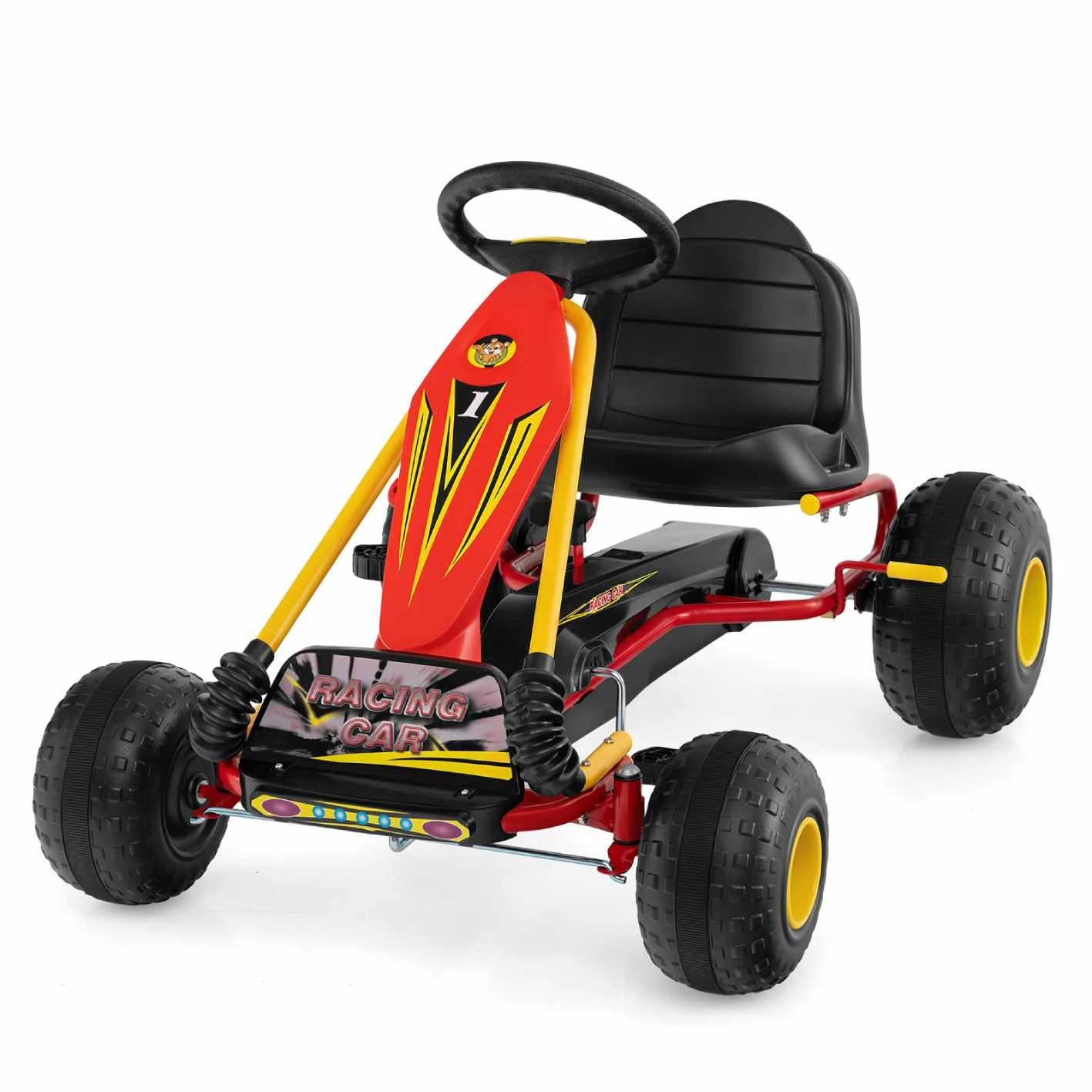 1 Costway Kid Pedal Go Kart 4 Wheel Ride on Toy Bicycle Kart w/Adjustable Seat - Red, 1 of 1