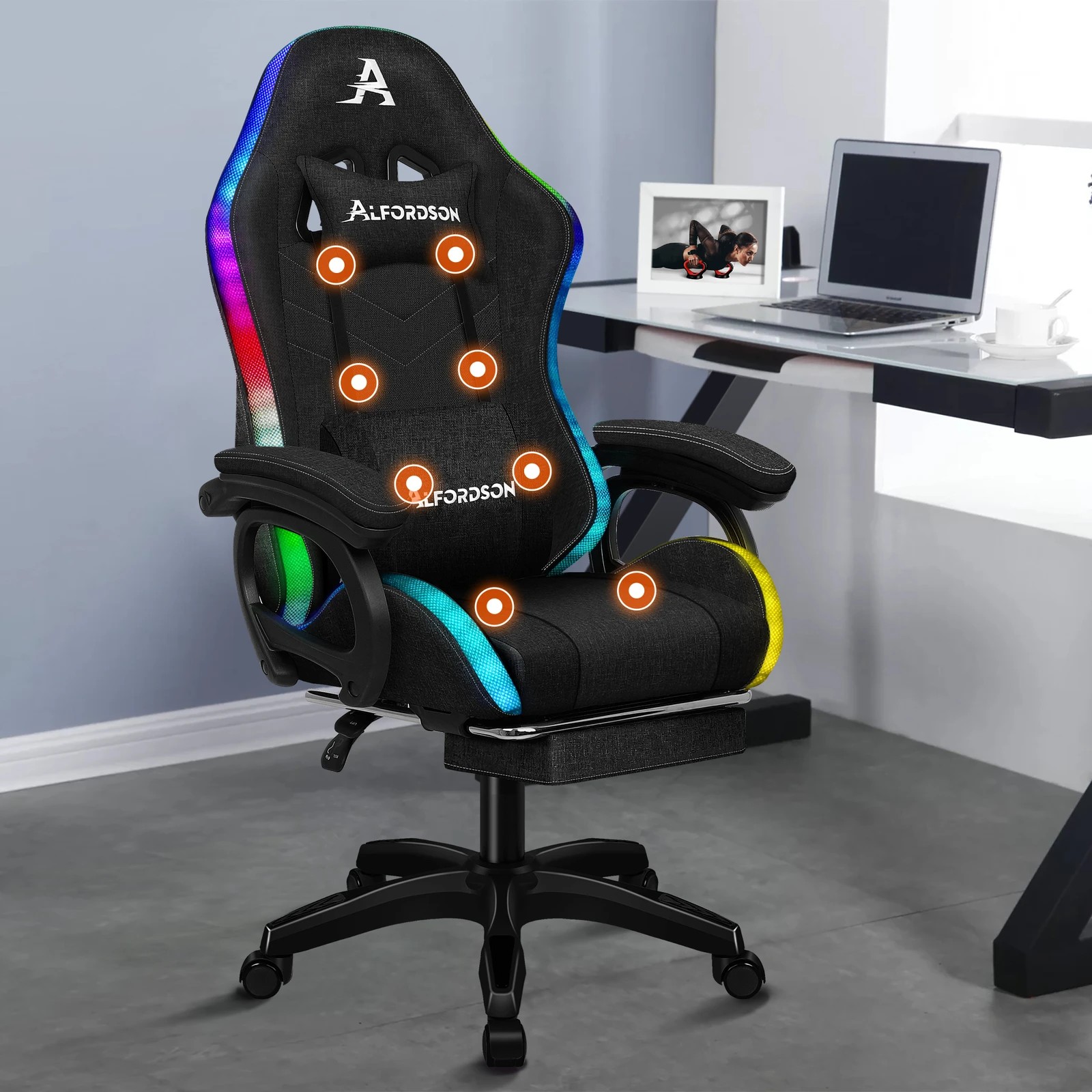 3 Alfordson Gaming Chair Office 12 RGB LED Massage Computer Seat Fabric - Black, 3 of 10