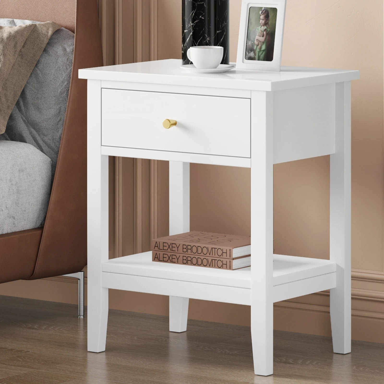 2 Alfordson Bedside Table Hamptons Nightstand Storage Side End 1 Drawer - White, 2 of 10